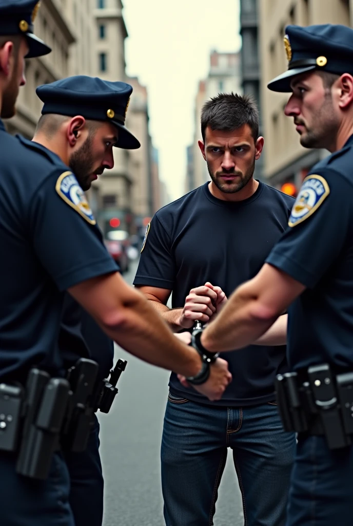 Skinny, muscular mixed race man without a shirt, just in shorts and flip flops, with your hands on your head, searched by a strong uniformed police officer.