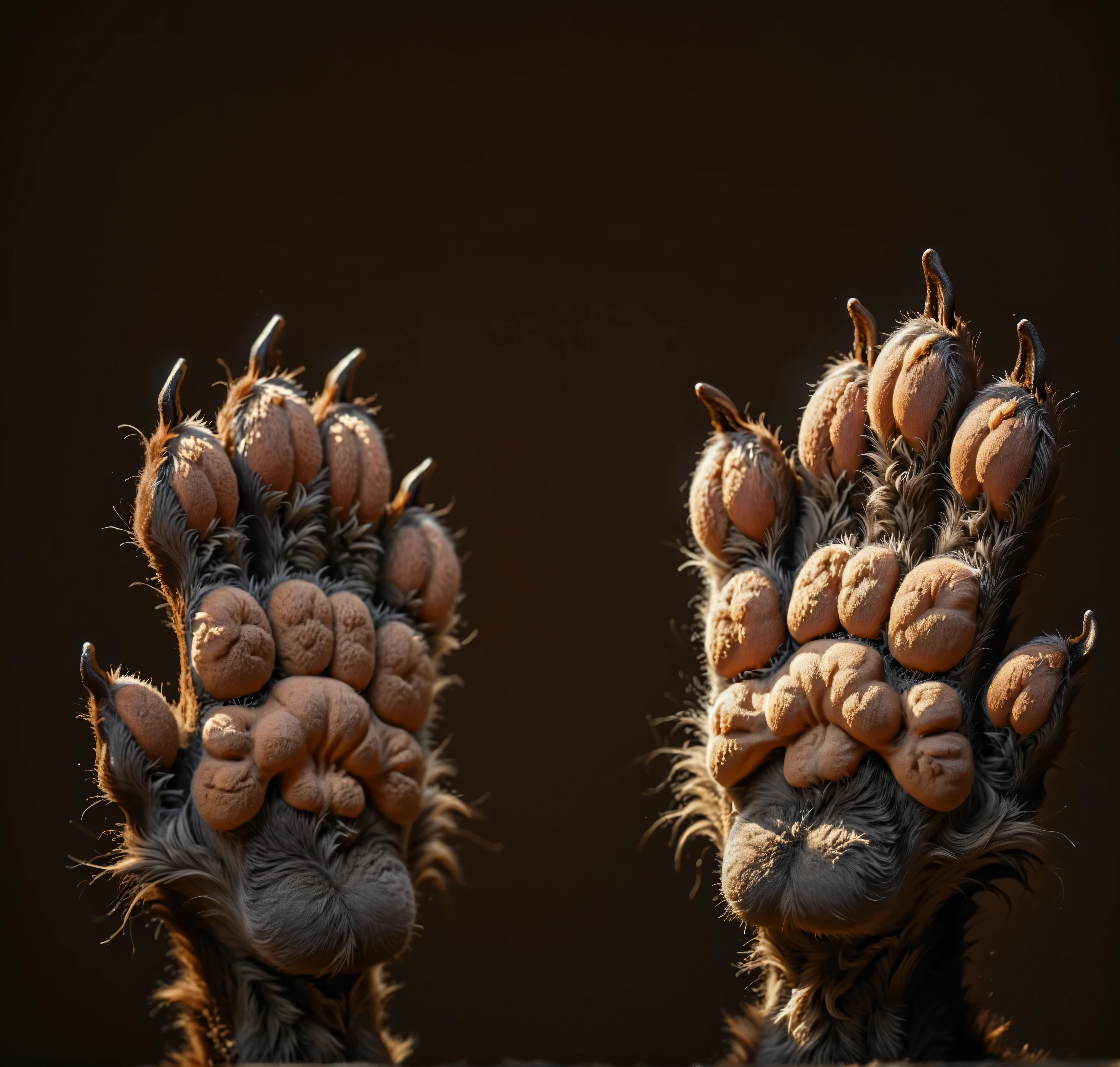 detailed grey Pawpads:1.3, grey pads, brown feet, forefeet:1.4, werewolf paws, animal thumbs, wolf paws:1.1, brown fur, detailed fur, fluffy, long dark grey claws, extra detailed, extreme details, deep details, masterpiece, realistic, simple black background, digital pads, metacarpal pad, 4toes, claws, detailed paws, [brown AND white] paws