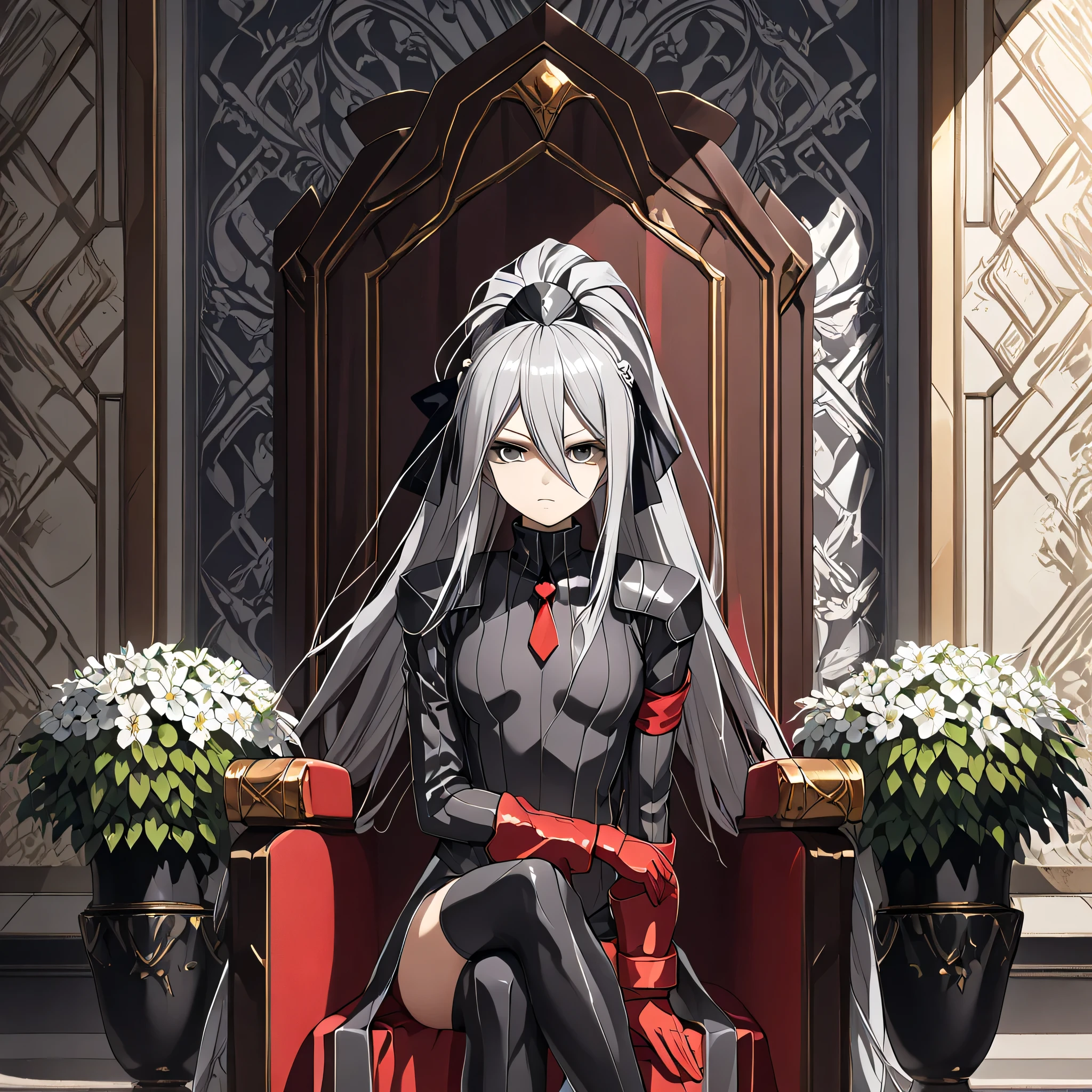 anime, (masterpiece), (best quality), (ultra-detailed), (best illustration), (best shadow), (absurdres), (detailed background), (very aesthetic), shiny, detailed beautiful eyes, outstanding, countershading, detailed soft lighting, an exquisite animation illustration, 1girl, solo, anheang, Dollsuit, thighthigh, dark persona, empty eyes, expressionless, blank eyes, looking at viewer, red gloves, full body, emotionless, Fighting Stance, hair ornament, small breast, felli, gray eyes, gray hair, hair between eyes, long hair, ponytail, (((sitting on throne, flower background, wind)))