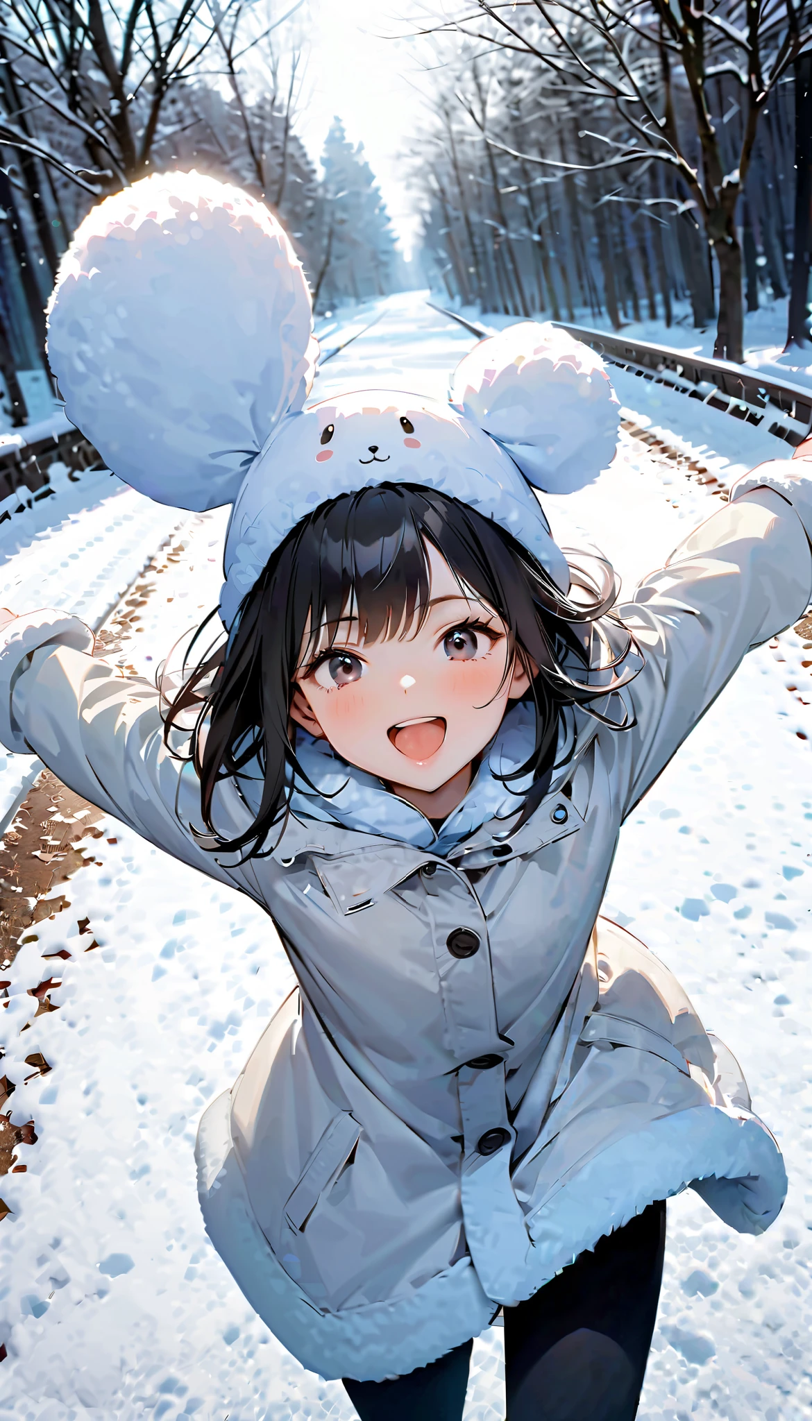( best quality :1.2, very detailed, Latest, lively, best quality , Aesthetics at its best) , Face Up Shot, ((( very detailed目と顔))), Official Art, 8k Ultra HD, very detailed, Delicate and dynamic, blurred background , Outdoors, daytime, Hiku Snow Scenery , there's snow on the ground, it's snowing, Falling Snow, winter, White World, is dazzling, one woman, 2.5D, smile, black eyes, black hair, short, pees on a very young , flat chest, Fluffy winter clothes, Get excited, dynamic pose, dynamic angle, Realistic, her breath is white