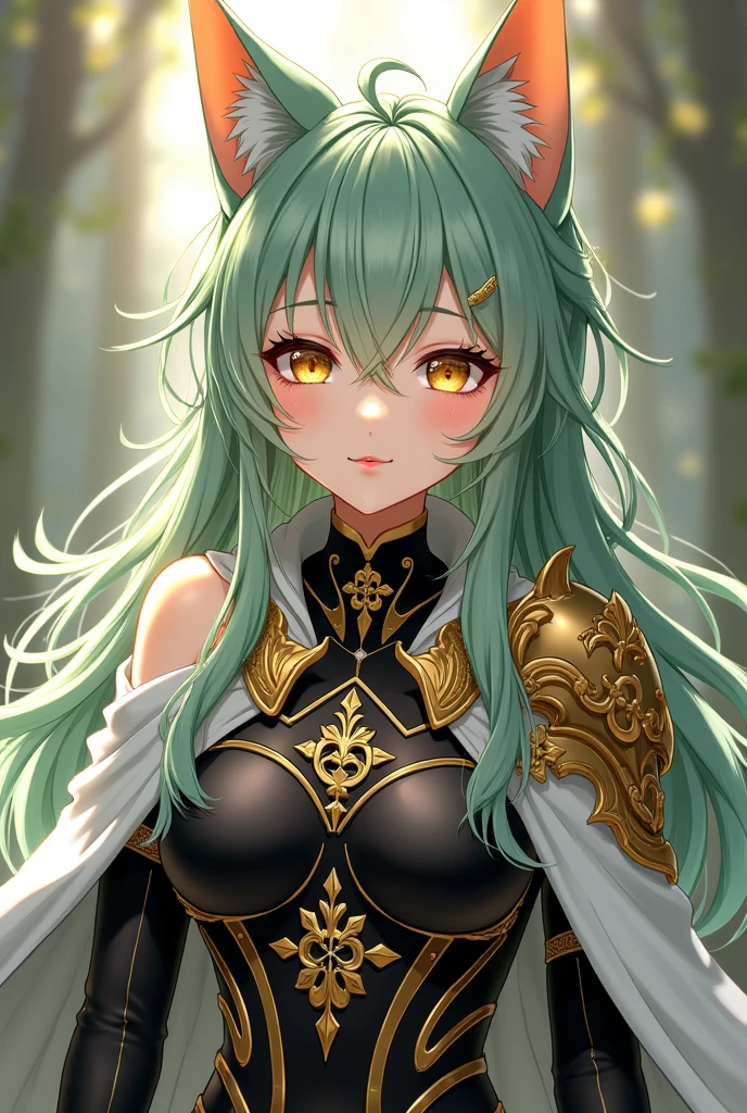 ( masterpiece , best quality, 8k, ultra detailed top de lingerie, HDR, Ultra HD, ultra-fine painting, sharp focus, Physics-Based Rendering, descrição de details extremos, Professional, vivid colors, perfect composition , best quality, details) Anime girl with long light green hair, cat ears, cat tail, golden eyes, black and gold armor, capa branca, black and gold clothes , black and gold pants .