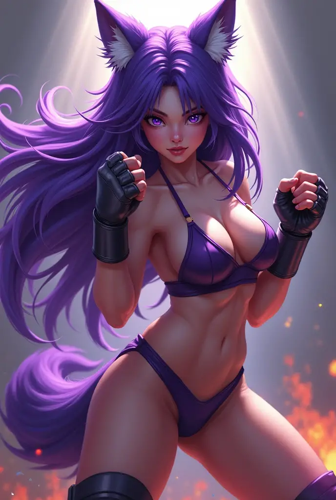 Yoruichi, prostitute, best quality: 1.1, 1 girl, detailed eyes, well-aligned eyes, extremely detailed face, blushing cheeks, perfect face symmetry, smiling, embarrassed, (orange and black prostitute clothes), BREAK intricate details on hands, intricate details on fingers, (very huge) breasts, purple hair, detailed hair, short hair, defined figure, thick muscular legs, small defined waist, (very much voluptuous body), (very much muscular body), lascivious woman, nymphomaniac woman, dynamic pose, Interacting, (whole body perspective), ((white background scenery with shadows): 1.5)