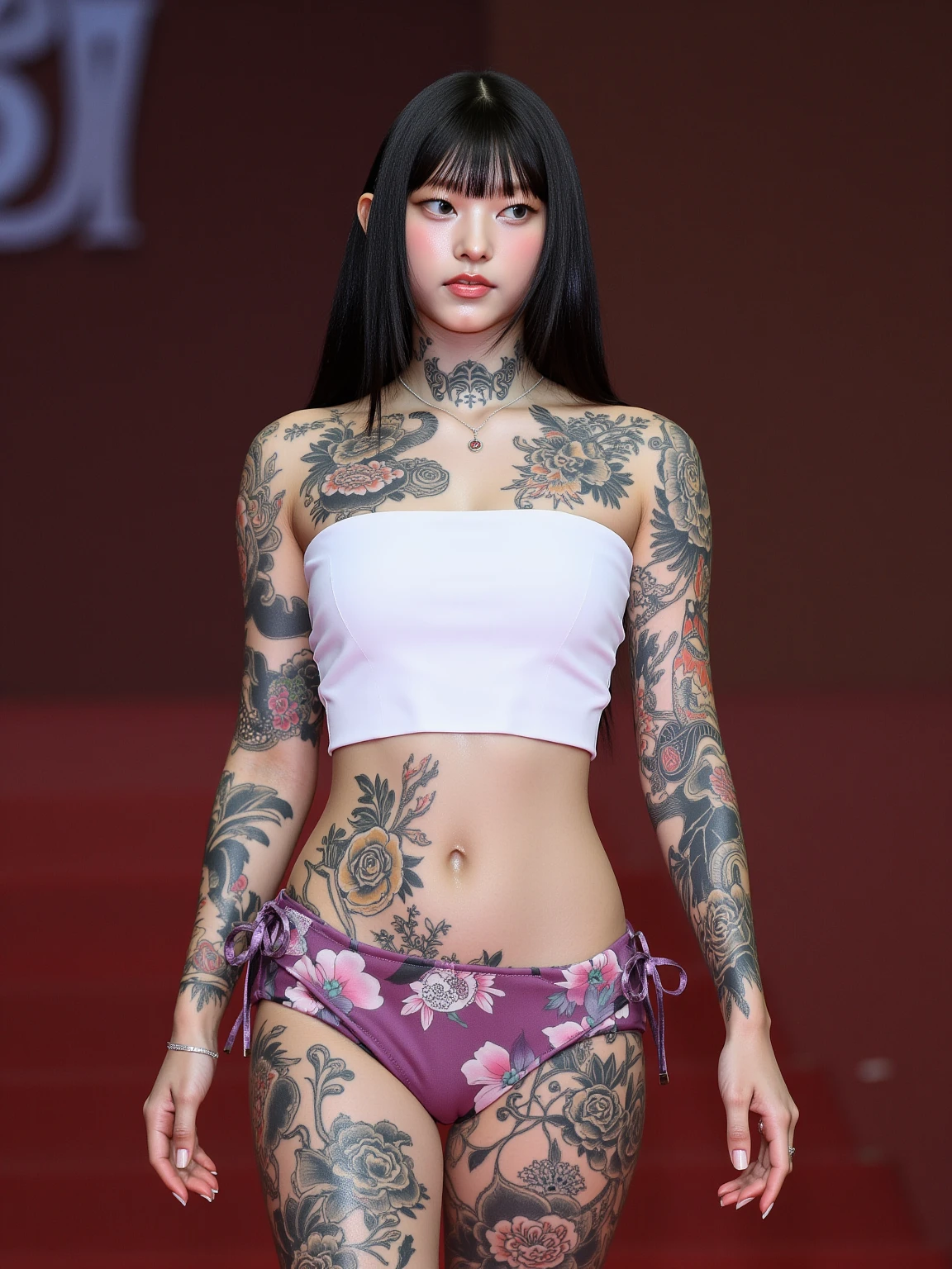 1 Close-up of an 18-year-old girl,swear word,(((The Chinese Traditional character of the tattoo with bare skin all over the body))),(((It has four legs,Four heads,four breasts))),(((Her face was covered with tattoos))), ((Japanese live-action actress)),((Realistic effect and clarity of DSLR cameras)), ((cabelos preto e longos,By bangs)), ssmile,((There are various tattoos on the face)), Fleshy lips,largeeyes,red lipsticks,( Itching of the lips),choker necklace, 耳Nipple Ring, and makeup, ((Full body skin tattoos are Chinese)),((The content of the tattoo is a three-character scripture Chinese,The dense words are clear)),((There are similar tattoo designs on underwear)),looking at the camera in,Frontal photo,Side photo,Back photo,((red high heel pumps)),((Bigchest,slenderlegs,Slim,Less clothes)),((Clear bra and panties)),