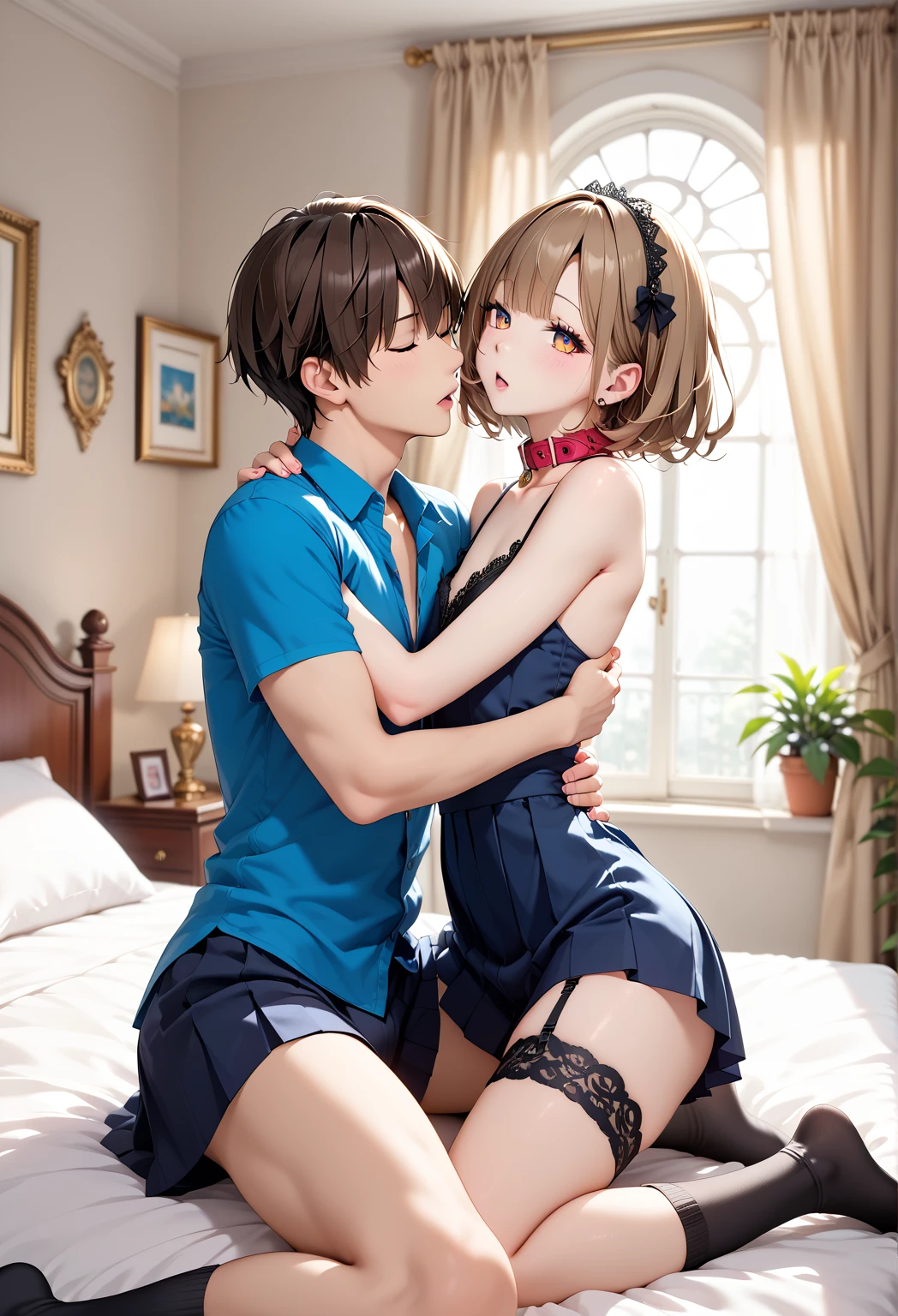 (Style-Princess) (1 man, 1 catgirl) (hetero, couple) (crossdressing, fully clothed) (brown hair, blue eyes) (portrait) (women's clothes only) (women's beautifully feminine skintight velvet floral print frilly girly pink adorable ballet leotards:1.4) (white opaque tights, no shoes) (tiaras, pink shoulder-length silk gloves:1.3) (woman's bedroom, four-poster bed) (lying down, hugging, bending knee) (intimacy, playfulness, closeness)