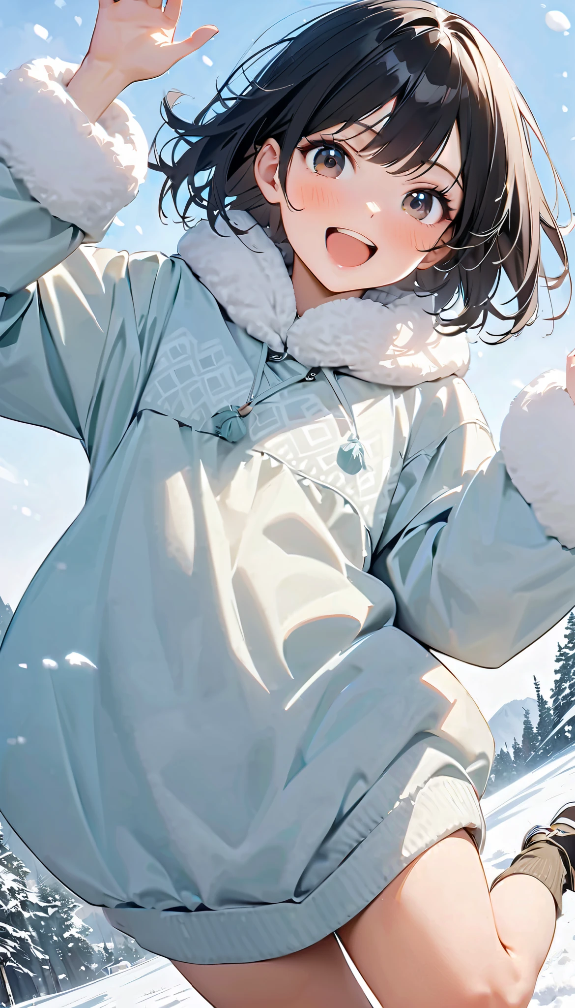 ( best quality :1.2, very detailed, Latest, lively, best quality , Aesthetics at its best) , Face Up Shot, ((( very detailed目と顔))), Official Art, 8k Ultra HD, very detailed, Delicate and dynamic, blurred background , Outdoors, daytime, Hiku Snow Scenery , there's snow on the ground, it's snowing, Falling Snow, winter, White World, is dazzling, one woman, 2.5D, smile, black eyes, black hair, short, pees on a very young , flat chest, Fluffy winter clothes, Get excited, dynamic pose, dynamic angle, Realistic, her breath is white