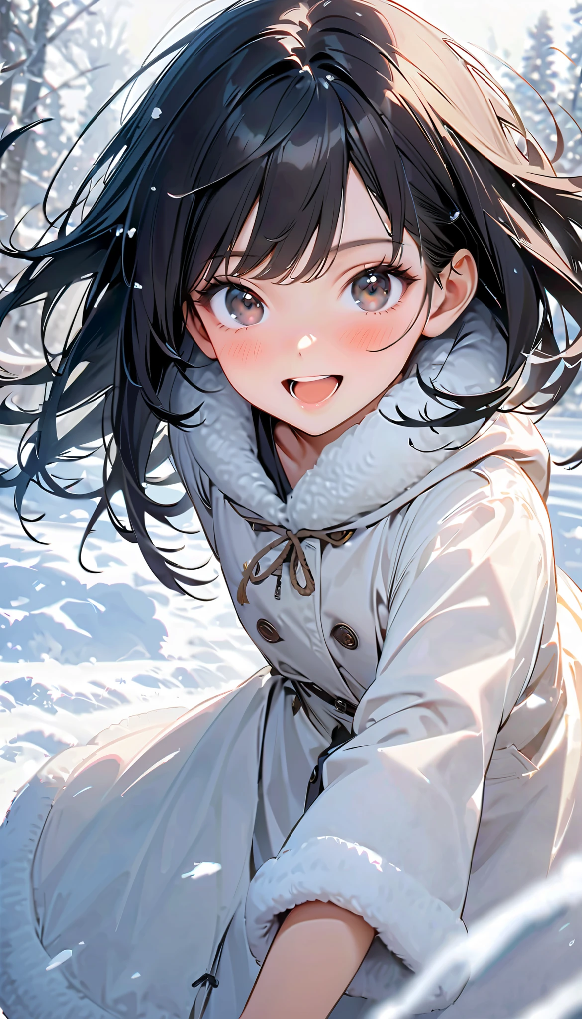 ( best quality :1.2, very detailed, Latest, lively, best quality , Aesthetics at its best) , Face Up Shot, ((( very detailed目と顔))), Official Art, 8k Ultra HD, very detailed, Delicate and dynamic, blurred background , Outdoors, daytime, Hiku Snow Scenery , there's snow on the ground, it's snowing, Falling Snow, winter, White World, is dazzling, one woman, 2.5D, smile, black eyes, black hair, short, pees on a very young , flat chest, Fluffy winter clothes, Get excited, dynamic pose, dynamic angle, Realistic, her breath is white
