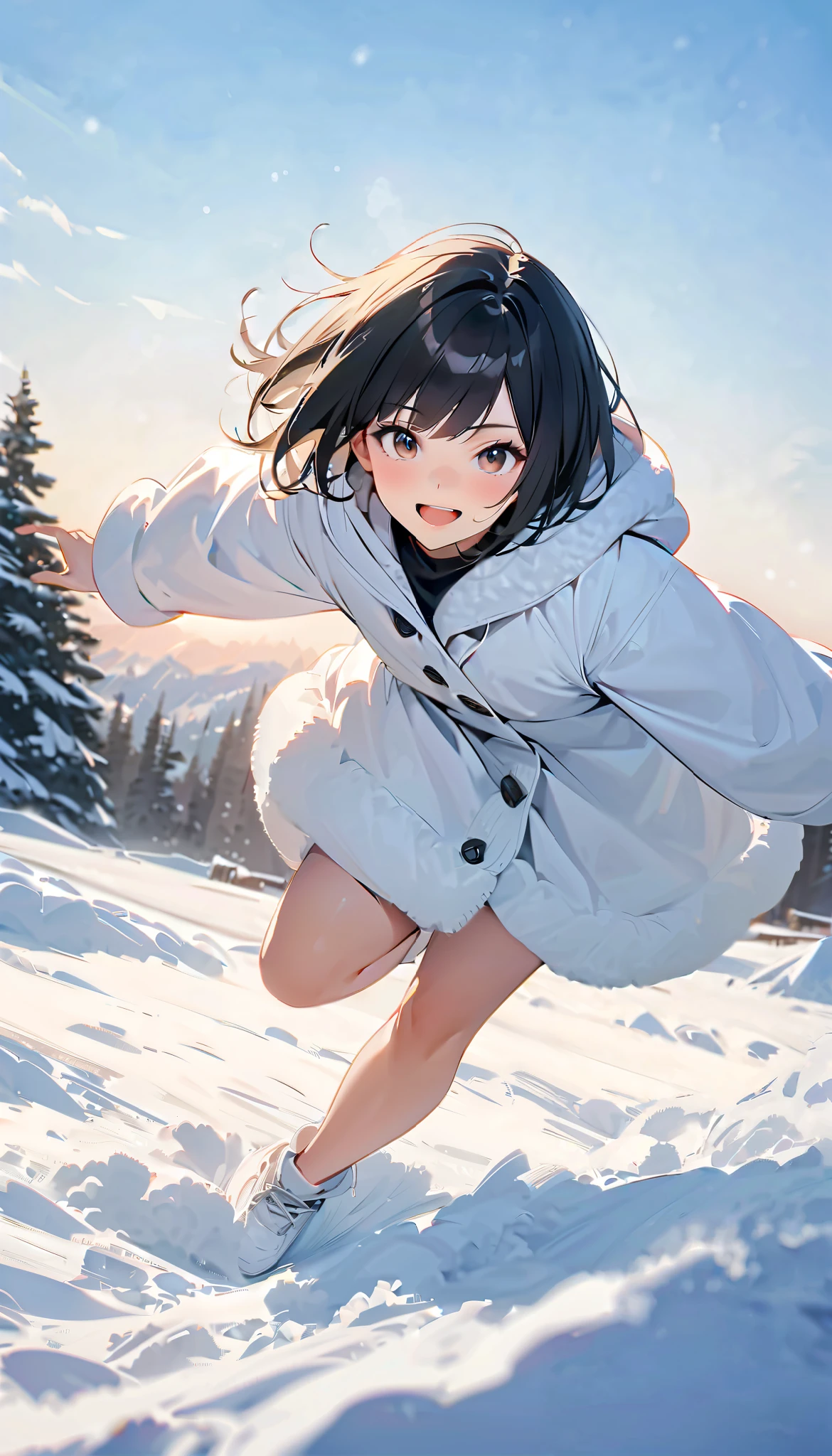 ( best quality :1.2, very detailed, Latest, lively, best quality , Aesthetics at its best) , Face Up Shot, ((( very detailed目と顔))), Official Art, 8k Ultra HD, very detailed, Delicate and dynamic, blurred background , Outdoors, daytime, Hiku Snow Scenery , there's snow on the ground, it's snowing, Falling Snow, winter, White World, is dazzling, one woman, 2.5D, smile, black eyes, black hair, bob cut, short, pees on a very young , flat chest, Fluffy winter clothes, Get excited, dynamic pose, dynamic angle, Realistic, her breath is white