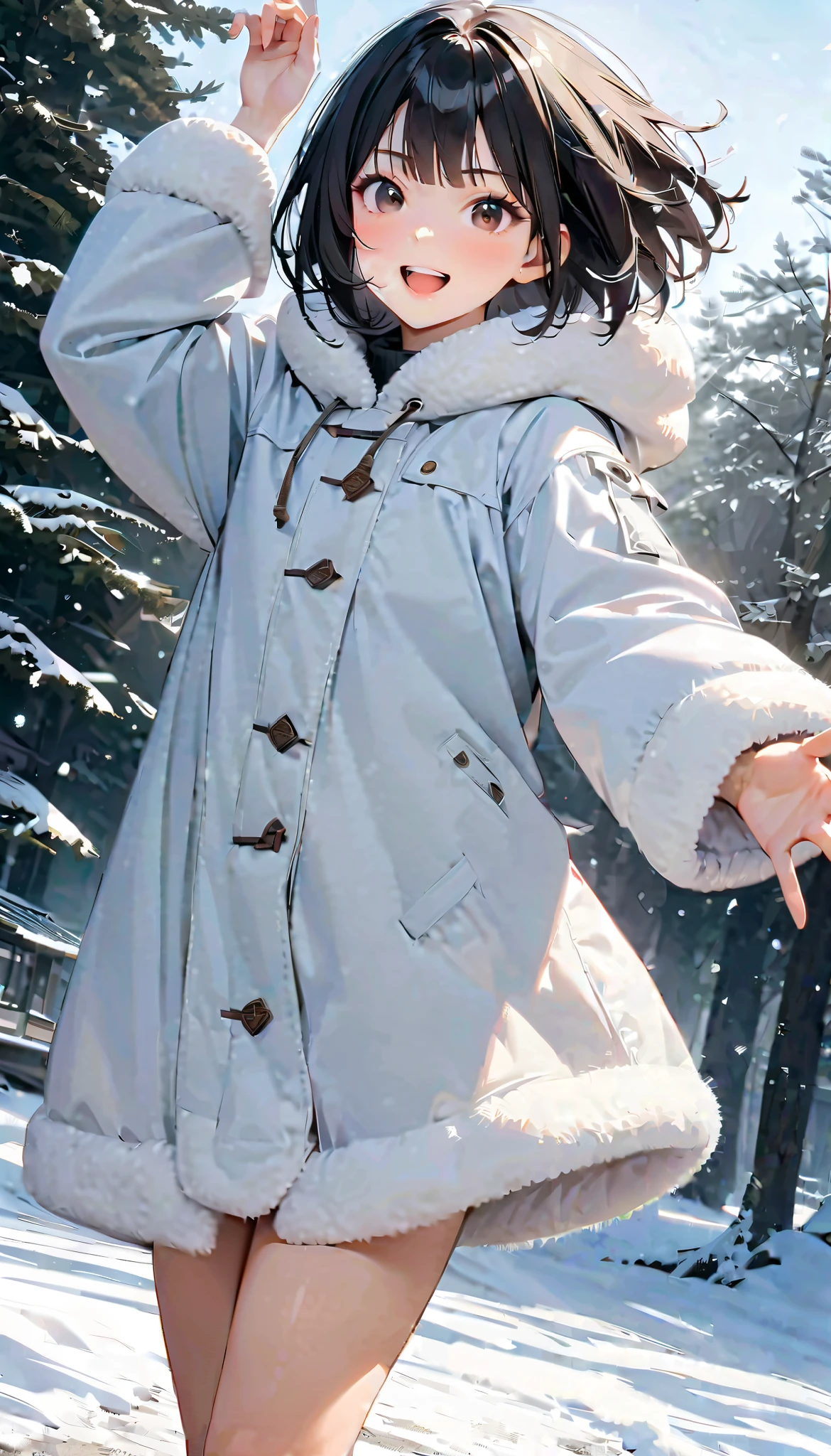 ( best quality :1.2, very detailed, Latest, lively, best quality , Aesthetics at its best) , Face Up Shot, ((( very detailed目と顔))), Official Art, 8k Ultra HD, very detailed, Delicate and dynamic, blurred background , Outdoors, daytime, Hiku Snow Scenery , there's snow on the ground, it's snowing, Falling Snow, winter, White World, is dazzling, one woman, 2.5D, smile, black eyes, black hair, bob cut, short, pees on a very young , flat chest, Fluffy winter clothes, Get excited, dynamic pose, dynamic angle, Realistic, her breath is white