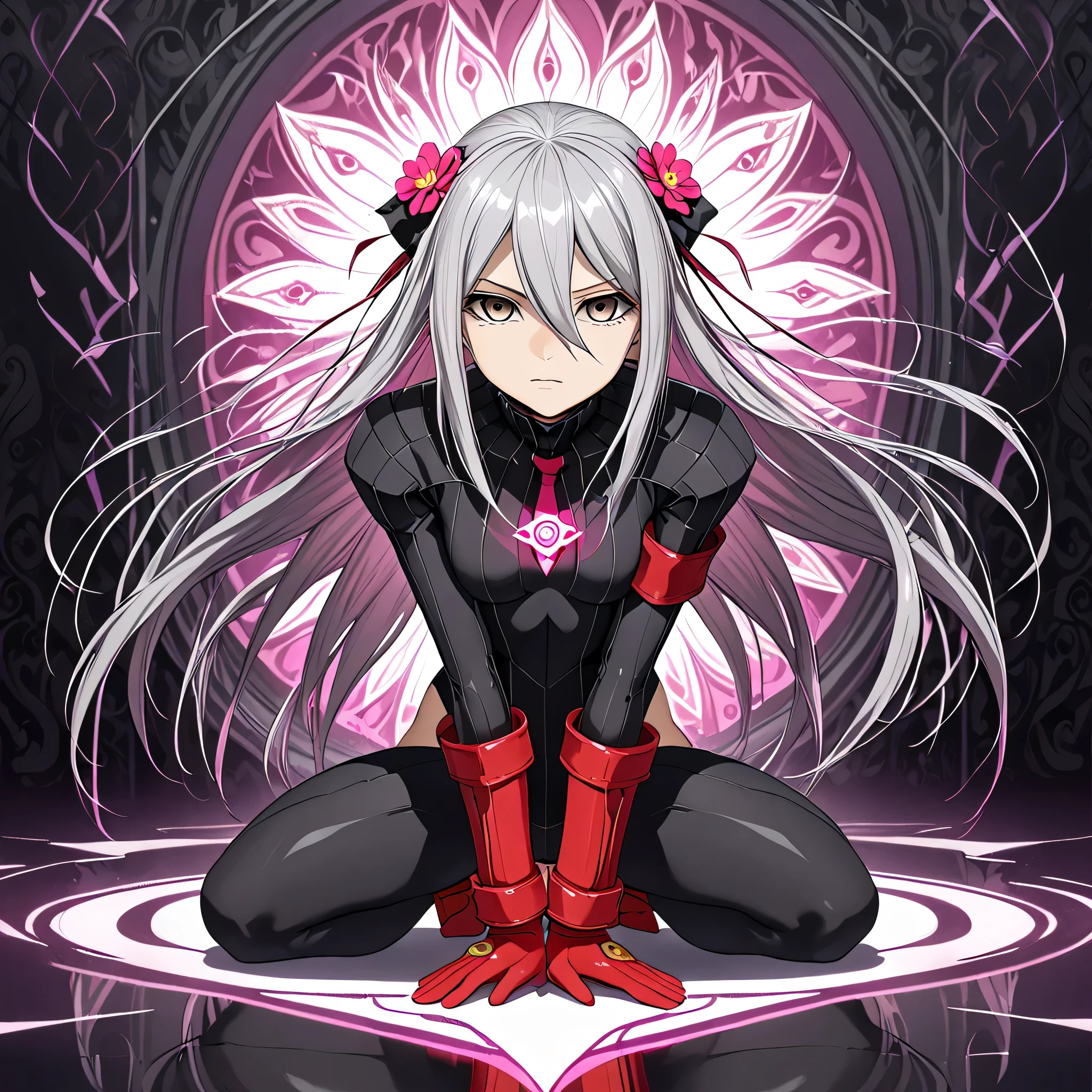 anime, (masterpiece), (best quality), (ultra-detailed), (best illustration), (best shadow), (absurdres), (detailed background), (very aesthetic), shiny, detailed beautiful eyes, outstanding, countershading, detailed soft lighting, an exquisite animation illustration, 1girl, solo, anheang, Dollsuit, thighthigh, dark persona, empty eyes, expressionless, blank eyes, looking at viewer, red gloves, full body, emotionless, Fighting Stance, hair ornament, small breast, felli, gray eyes, gray hair, hair between eyes, long hair, kneeling (((flower background, glowing hair, floating hair, pink magic)))