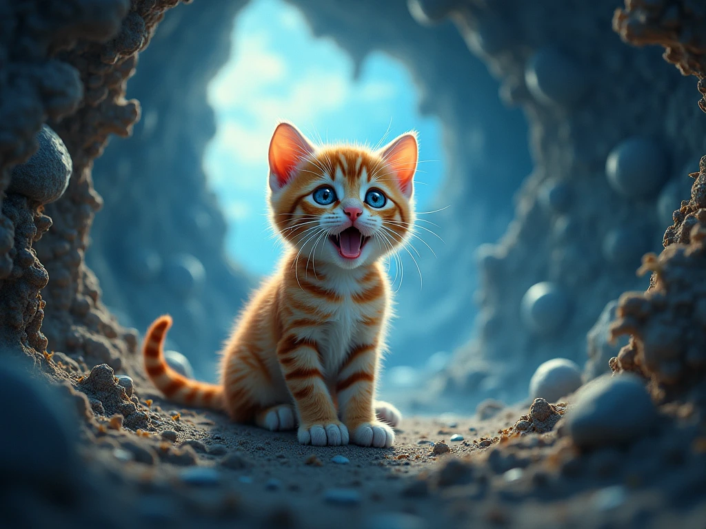 The cutest brown tiger pattern kitten in the world emits a beam from its mouth towards the sky、((Realistic:1.3))、Countless fissures opening into the blue sky 、 huge creepy eyes peeking through the fissures