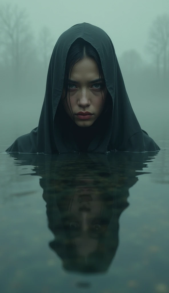 ((masterpiece, Fantasy,One eye closed,Black paint on eyelids and cheeks, Girl)), Brown wavy short hair, Black hooded robe,Heavy Robe,assassin, forest, Shallow water, fog