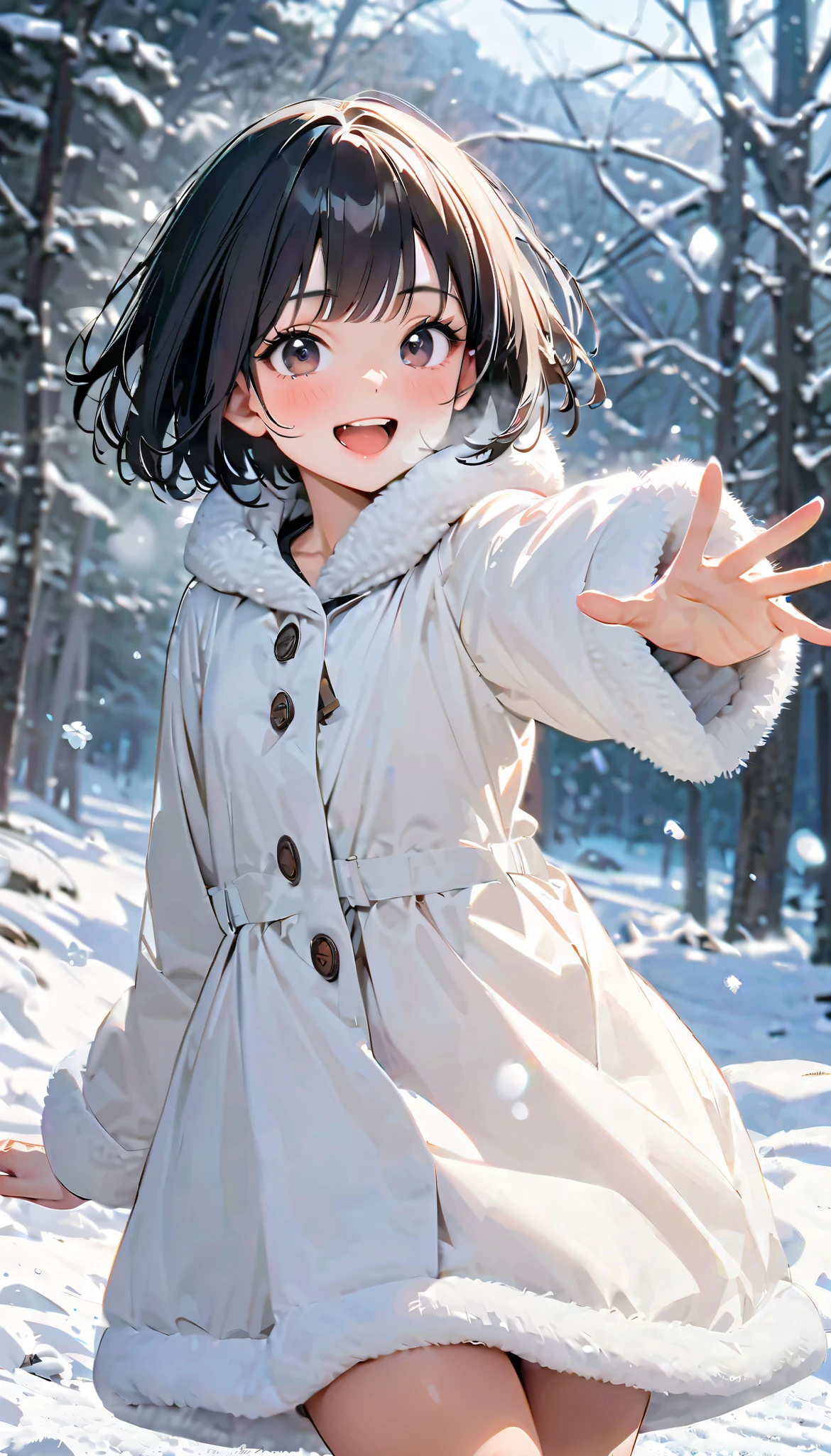 ( best quality :1.2, very detailed, Latest, lively, best quality , Aesthetics at its best) , Face Up Shot, ((( very detailed目と顔))), Official Art, 8k Ultra HD, very detailed, Delicate and dynamic, blurred background , Outdoors, daytime, Hiku Snow Scenery , there's snow on the ground, it's snowing, Falling Snow, winter, White World, is dazzling, one woman, 2.5D, smile, black eyes, black hair, bob cut, short, pees on a very young , flat chest, Fluffy winter clothes, Get excited, dynamic pose, dynamic angle, Realistic, her breath is white
