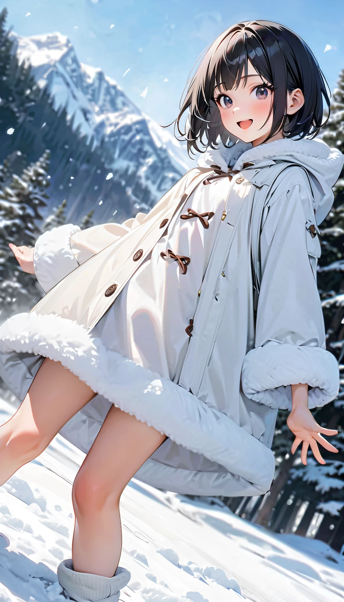 ( best quality :1.2, very detailed, Latest, lively, best quality , Aesthetics at its best) , Face Up Shot, ((( very detailed目と顔))), Official Art, 8k Ultra HD, very detailed, Delicate and dynamic, blurred background , Outdoors, daytime, Hiku Snow Scenery , there's snow on the ground, it's snowing, Falling Snow, winter, White World, is dazzling, one woman, 2.5D, smile, black eyes, black hair, bob cut, short, pees on a very young , flat chest, Fluffy winter clothes, Get excited, dynamic pose, dynamic angle, Realistic, her breath is white