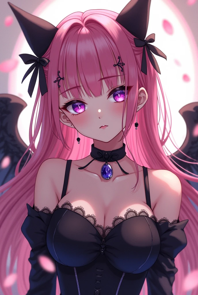 Pink hair. Pigtails. Black Miniskirt. Red Gothic Frilly Corset Tops. Earring. Devil's wings. Fallen angel. Yami Ochi. Evil chi. Devil. Universe. Bed. Bedroom. Moon. Heart-shaped vacant chest. Collar with a ribbon attached with oval ruby. Blush. The devil's tail. Open mouth. Stick out your tongue. Sweat. Drool. Lick your fingers. Put your finger in your mouth. Get on your knees. Kneeling. Cover your eyes with a cloth: fang, heterochromia with blue snake-liked iris on the right, and red on the left.