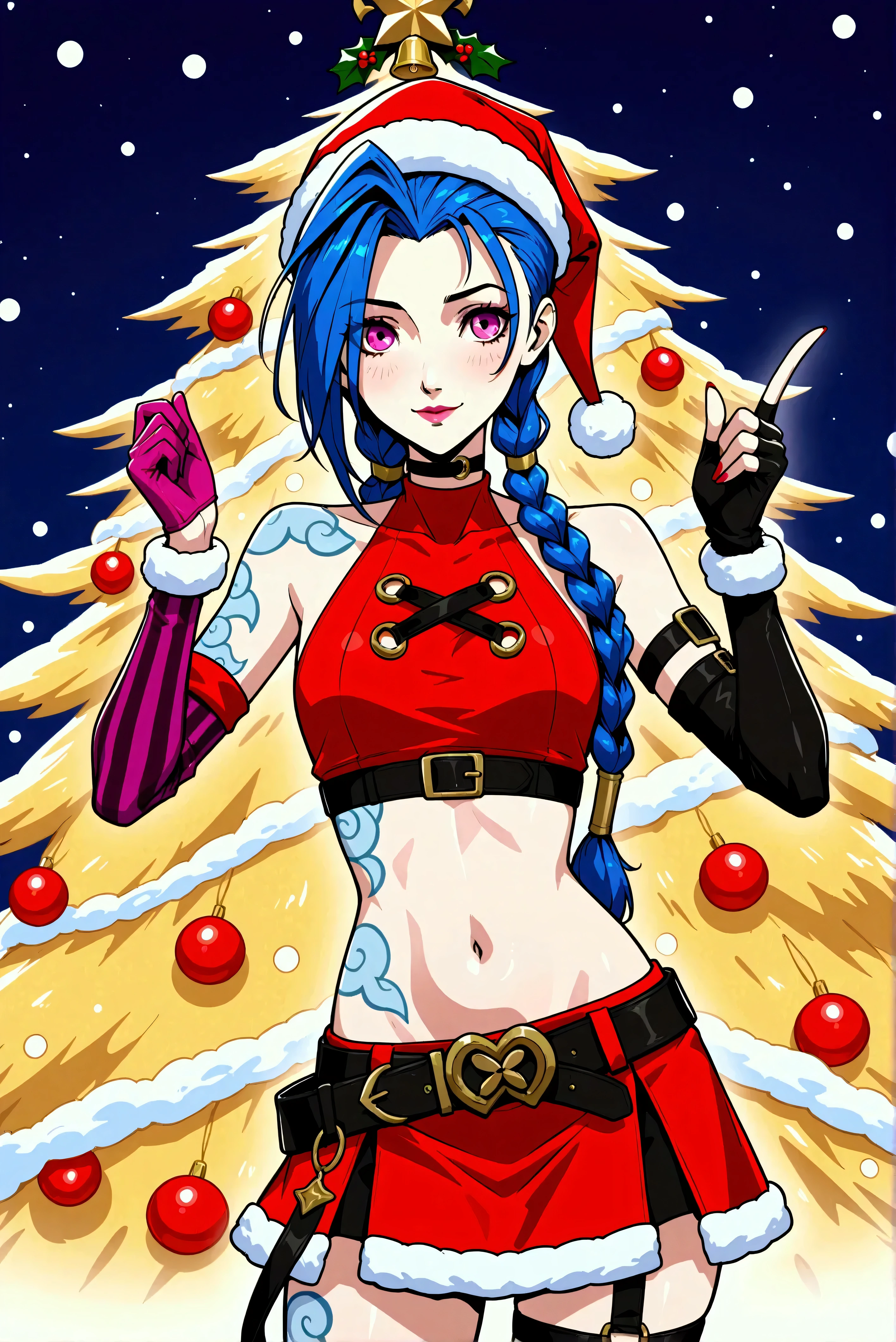Créer une description créative et ludique d'un personnage inspiré du concept de « Nude Jinx » de noel, une représentation sexy et séduisante tout en mettant l'accent sur ses traits de personnalité, son style et la façon dont elle interagit avec le monde qui l'entoure. . Mettez l'accent sur sa nature ludique, son énergie vibrante et son sens unique de la mode d'une manière légère et artistique. Create a design or concept inspired by the character Jinx from the game *League of Legends* with a holiday twist, incorporating elements that reflect both her chaotic persona and the festive spirit of Christmas. Use bright colors, playful motifs, and unexpected contrasts to capture her mischievous nature while celebrating the joy of the holiday season. Consider elements such as decorations, outfits, and interactions with traditional holiday symbols. Aim for a fun and whimsical design that balances Jinx's wild energy with the warmth of festive cheer.