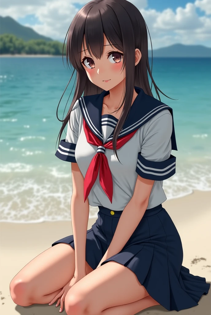 ((Highest品質、masterpiece、Normal body、8K、Detailed face、Ultra-precision、Normal hand、通常のrefer to、5refer to、Highest))rainbow髪、Sailor suit、mini skirt、Fashionable underwear、Breeze、blush、Water Drop、soaked through、Sailor suit透けて下着が見える、Ocean、rainbow、bondage(Rope Make、Put your hands behind your back、Tying hands with rope、胸をTie with rope、Tie with rope)、Tied up and unable to move、Kneel