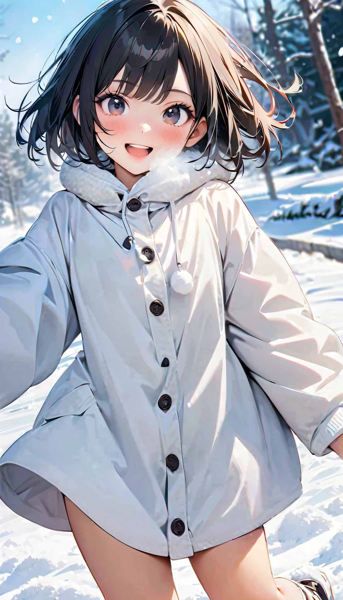 ( best quality :1.2, very detailed, Latest, lively, best quality , Aesthetics at its best) , Face Up Shot, ((( very detailed目と顔))), Official Art, 8k Ultra HD, very detailed, Delicate and dynamic, blurred background , Outdoors, daytime, Hiku Snow Scenery , there's snow on the ground, it's snowing, Falling Snow, winter, White World, is dazzling, one woman, 2.5D, smile, black eyes, black hair, bob cut, short, pees on a very young , flat chest, Fluffy winter clothes, Get excited, dynamic pose, dynamic angle, Realistic, her breath is white