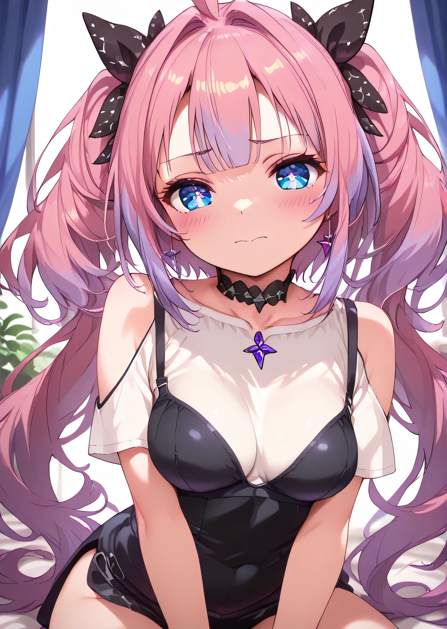 (((best quality))),(unparalleled masterpiece, side light, beautiful beautiful eyes: 1.2), ultra realistic 8k CG, perfect artwork, highly detailed, Mess, super high resolution, very super detailed,(((kikirara _YOU LIVE))),((1 person)),Alone,(((blue eyes,star-shaped pupils,:1.3,fine grain:1.1))),(china dress),very long hair, pink hair, purple hair, gradient hair, hair ribbon, twintails,Perfect hands,He's standing up,rest,(((embarrassed,blush:1.3))),seductive pose,seductive pose,restingslender,hot,cute,perfectly symmetrical face,super cute girl,Super cute face,highly detailed eyes,super fine hair,super cute,very beautiful,room,(((beautiful breasts: 1.3)))