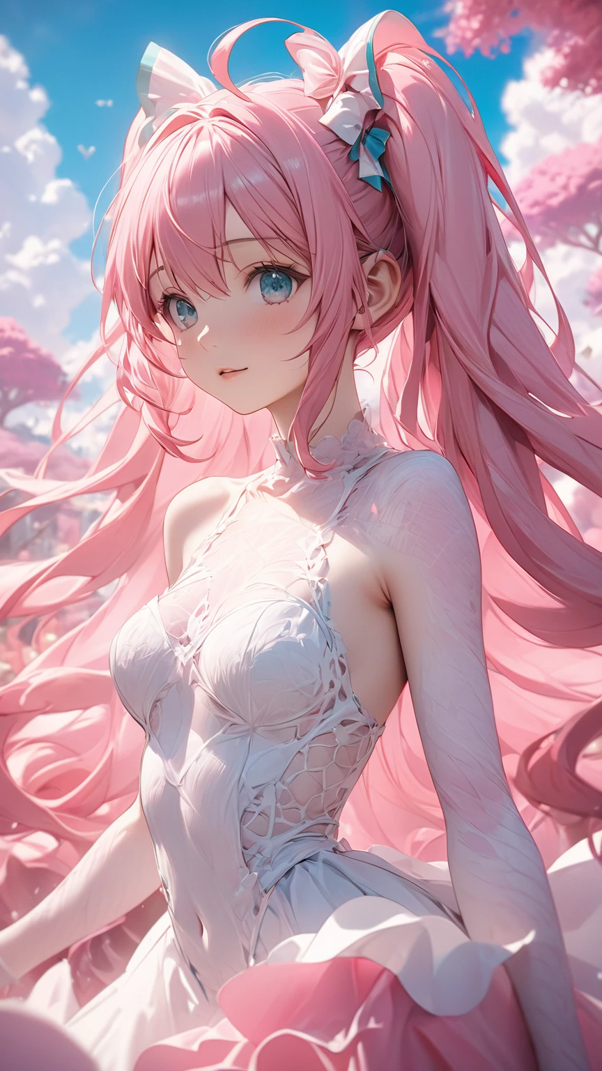 masterpiece,best quality,((masterpiece))),(((best quality))),((ultra-detailed)),(illustration),(detailed light),detailed background,dynamic angle,(1girl),female focus,light pink hair,red eyes,off shoulder,midriff,frilled dress,lace,ribbon,beautiful face,long hair,floating hair,half open eyes,reflective eyes,detailed beautiful eyes,transparent glass,(broken glass),(broken screen:1.3),(floating pink petals),blooming pink rose,crystal,((arms behind back))