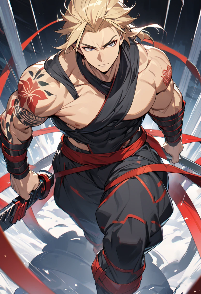 a warrior man, blond hair, z-shaped sword, tattoo that goes from the forehead to the feet in lines, strong physique, ninja warrior clothes, 8k high definition