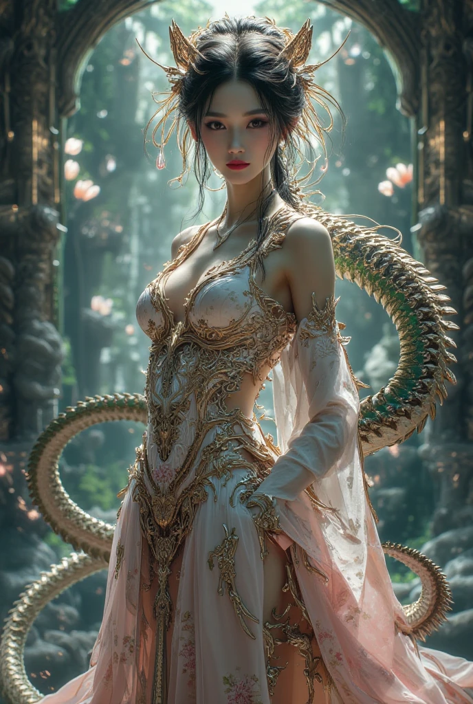 dragon_real, (very detailed CG Unity 8k wallpaper, masterpiece, best quality, super detailed, beautiful details eyes: 1.2), best lighting, (Qi bangs), (ring finger diamond ring), (best shades, extremely delicate and beautiful, blooming), girl surrounded by dragons, (1 girl: 1.4), huge breasts, solo, full body, back tattoo, white dress, (color dragon: 1.4), bare legs, long skirt,