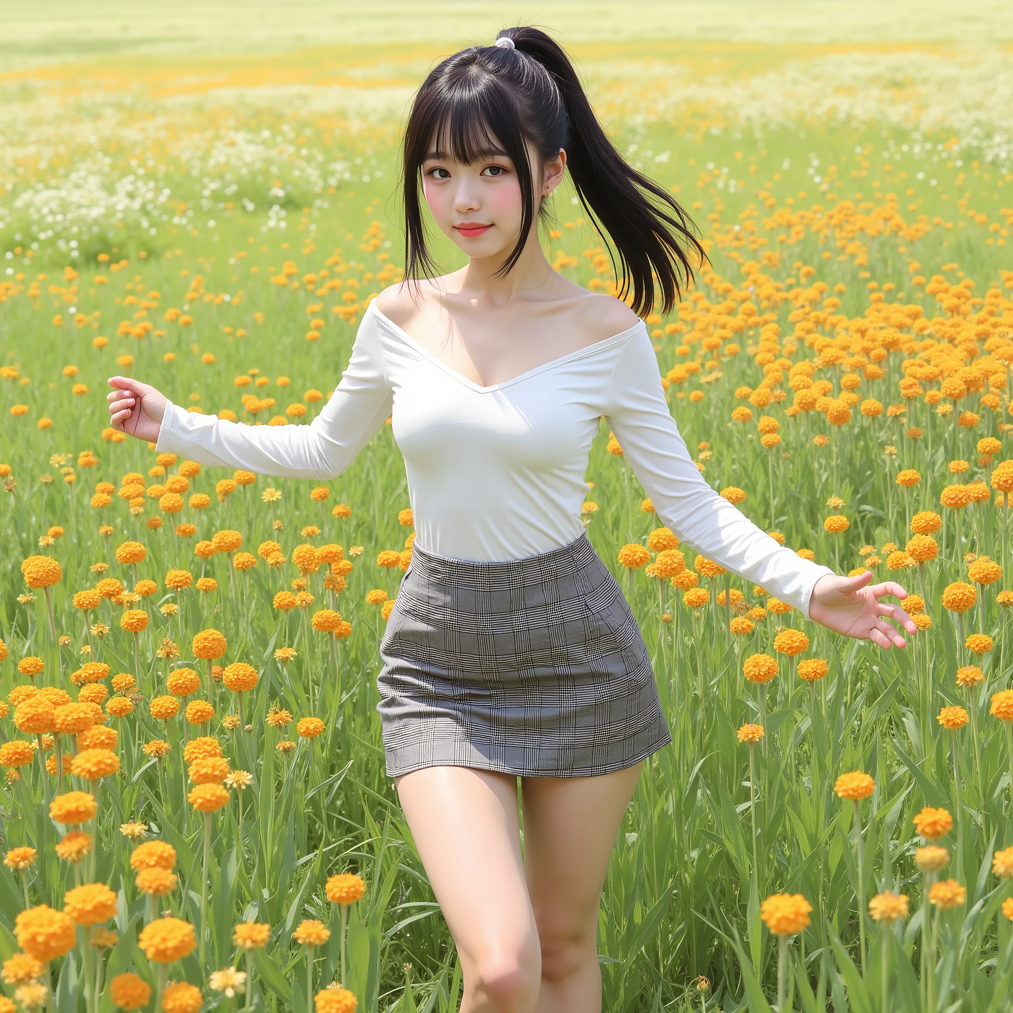 illustration, Masterpiece, nsfw,8k,( tidy 1 Girl , slender body, short body, flat chest,Narrow shoulders width, Wide pelvis, Small Ass, thick curvy thighs , taken from below ),(yo Japanese girl , 154 cm tall ,pale skin), top of head,Knees, ((head tilt)),cool smiling, standing with spreading arms,black hair, straight short ponytail with bangs ,( beautiful faces, super cool face ,small eyes, hazel eyes ),
wearing a long sleeve deep-v-neck tight t-shirt , Sleeves are black, Body is white, off shoulder,gray houndstooth tight mini skirt,on grass of light-orange color flowers,sunny day
85mm , Official AR RAW photos ,( realistic, more details ), top quality, chromatic aberration is anatomically correct , Textured Skin