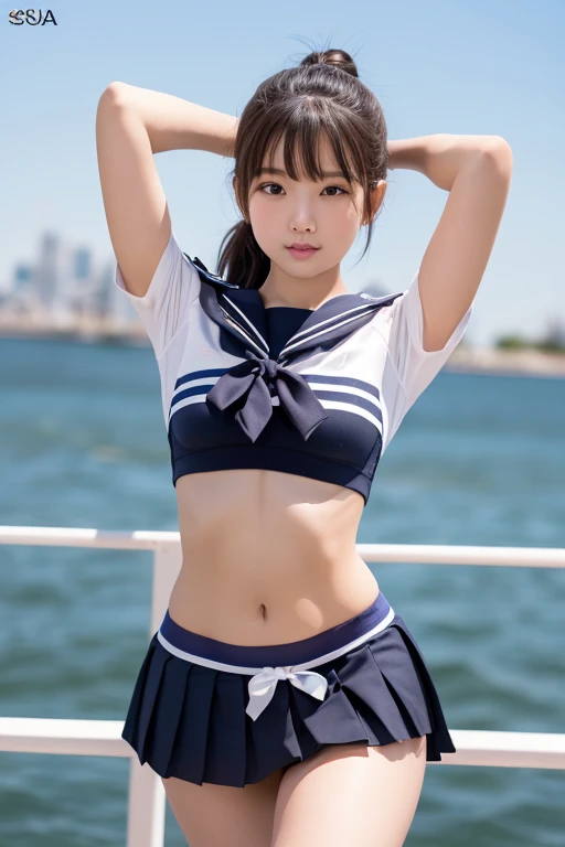 (16K, HDR, High resolution), ((((Full body photo,Raw photo, Hyperrealism, masterpiece, highest quality, ultra High resolution)))), (Pin Light, Backlight,Cinematic Light), ((((Japanese school girl uniform,Sailor suit,Skirt flipped up by strong wind,Jump energetically,Dynamic pose,Sexy pose),Camel Toe,Panties digging into pussy,Reveal uniforms))), (Hyper Detail, finely), 1 Korean Idol, (((Shooting from directly below,Panty shot,String-shaped panties,Angle to look into pussy:1.3))),Beautiful Goddess,Archaic Smile,Ahegao,Narrow waist,Perfect Style,Huge breasts,Very heavy chest,Big Ass