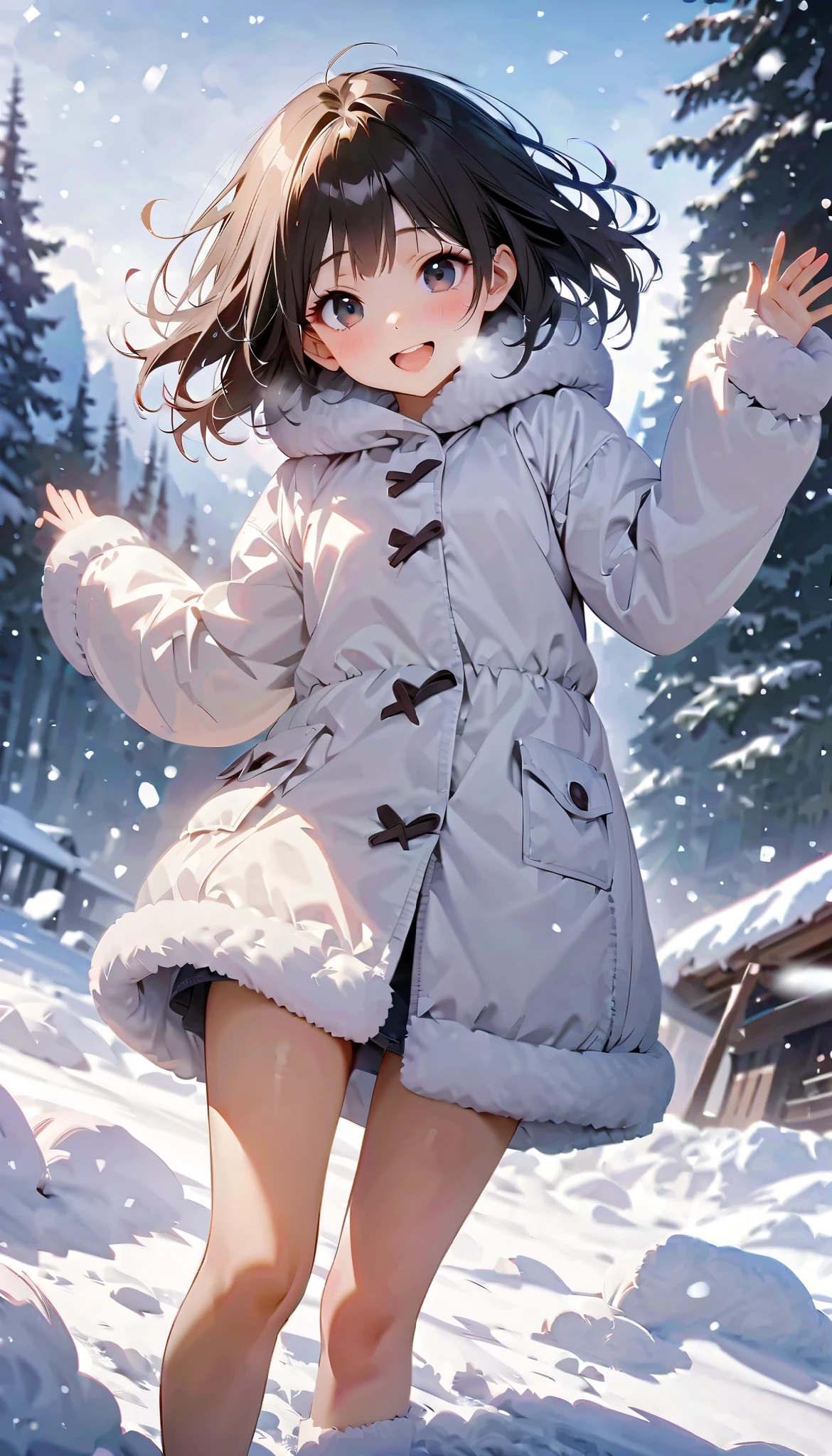 ( best quality :1.2, very detailed, Latest, lively, best quality , Aesthetics at its best) , Face Up Shot, ((( very detailed目と顔))), Official Art, 8k Ultra HD, very detailed, Delicate and dynamic, blurred background , Outdoors, daytime, Hiku Snow Scenery , there's snow on the ground, it's snowing, Falling Snow, winter, White World, is dazzling, one woman, 2.5D, smile, black eyes, black hair, short, pees on a very young , flat chest, Fluffy winter clothes, Get excited, dynamic pose, dynamic angle, Realistic, her breath is white