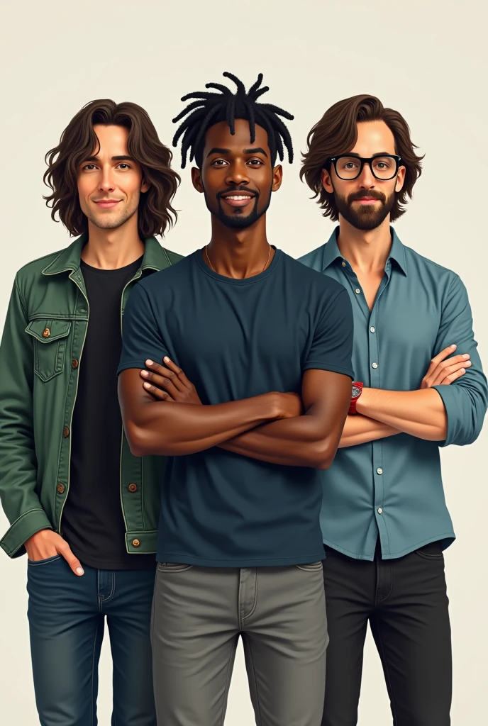 A photo of a group of male friends standing, lado a lado, em uma pose divertida. They're in casual clothes, smiling and showing a friendly connection between them.