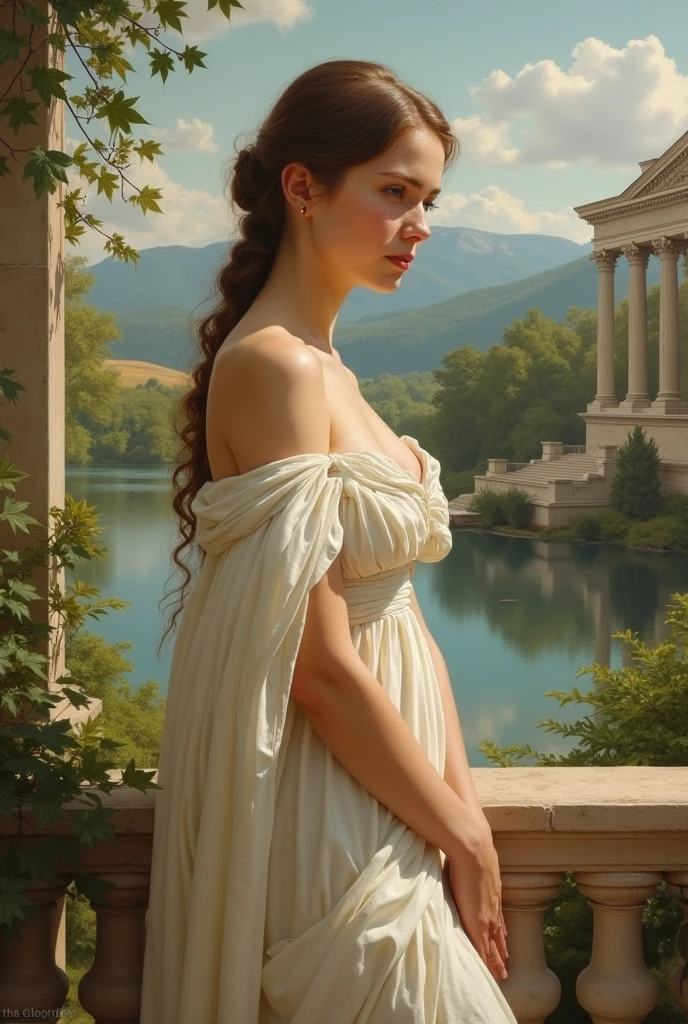 A Greek goddess in profile,one breast out