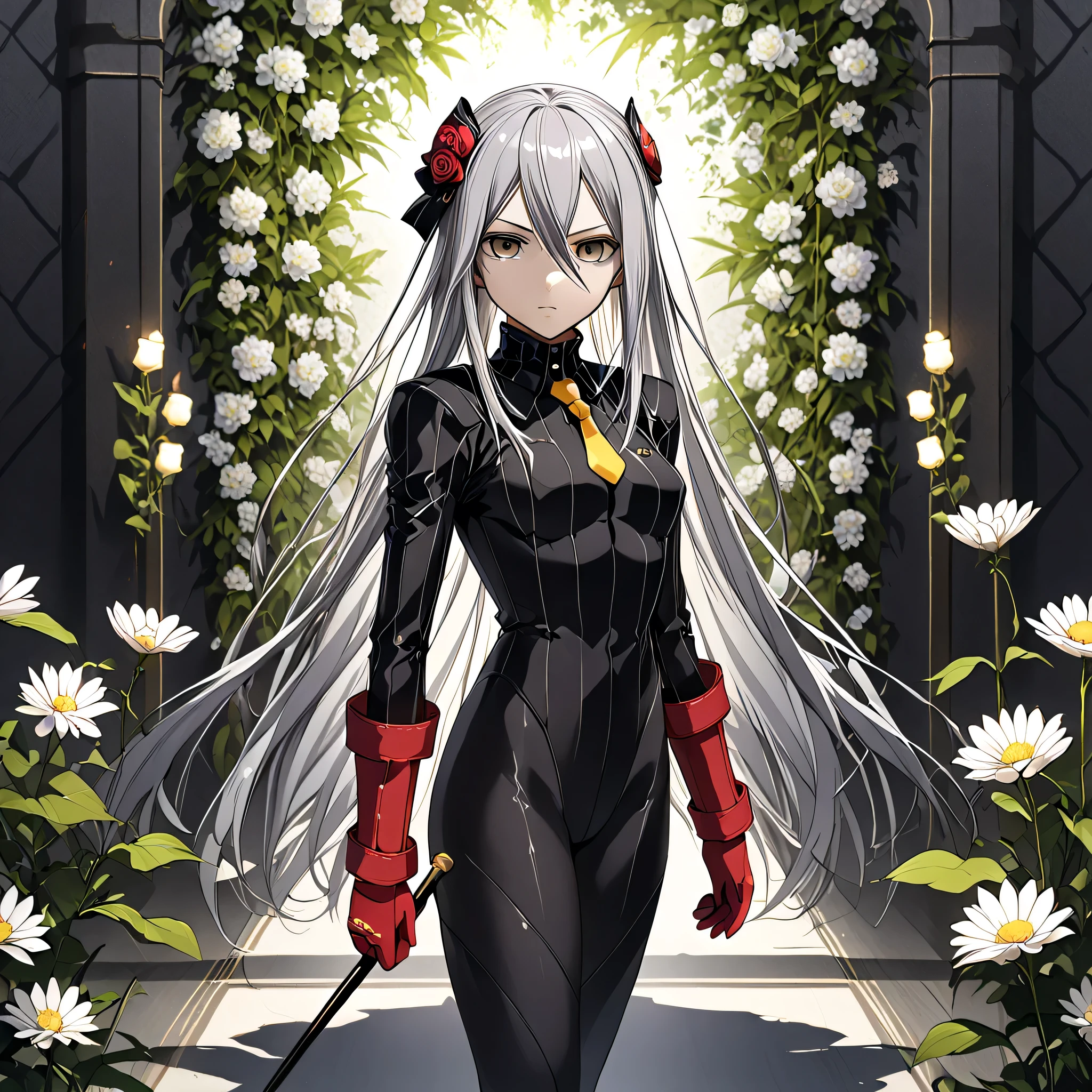 anime, (masterpiece), (best quality), (ultra-detailed), (best illustration), (best shadow), (absurdres), (detailed background), (very aesthetic), shiny, detailed beautiful eyes, outstanding, countershading, detailed soft lighting, an exquisite animation illustration, 1girl, solo, anheang, Dollsuit, thighthigh, dark persona, empty eyes, expressionless, blank eyes, looking at viewer, red gloves, full body, emotionless, Fighting Stance, hair ornament, small breast, felli, gray eyes, gray hair, hair between eyes, long hair, wand, holding wand, (((flower background)))