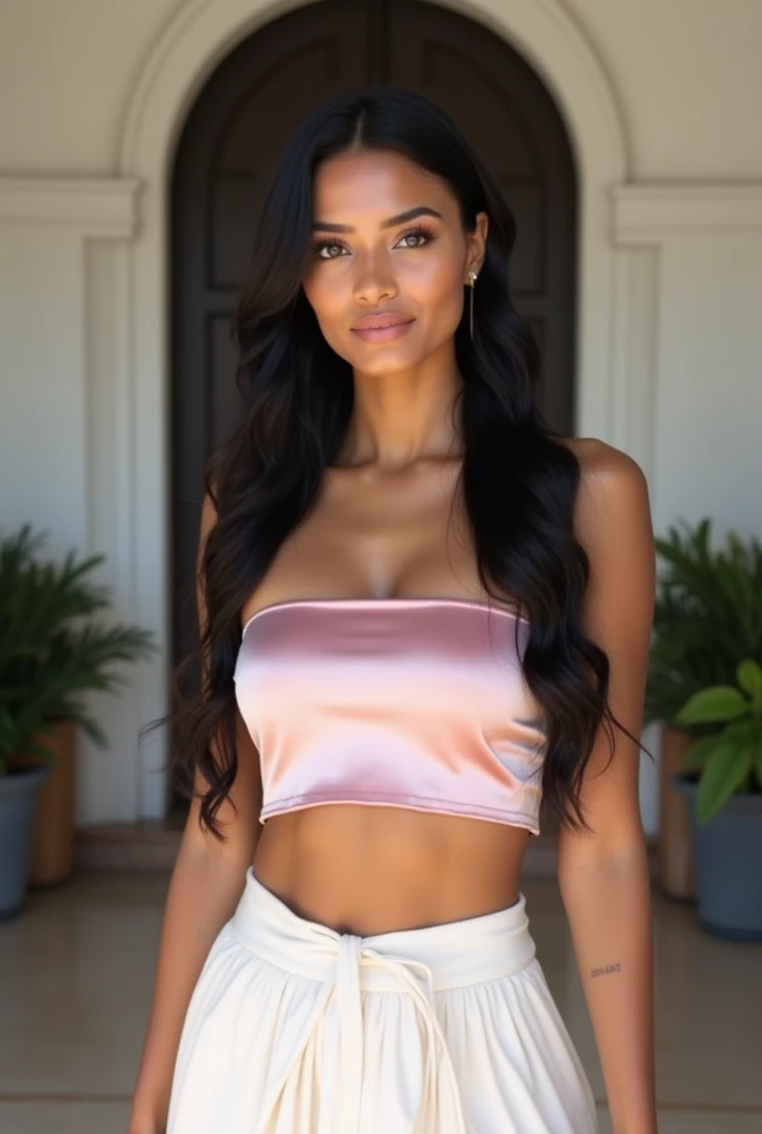 4k, 1 woman, long black hair, Brown eyes, Pink top , black skirt , good body