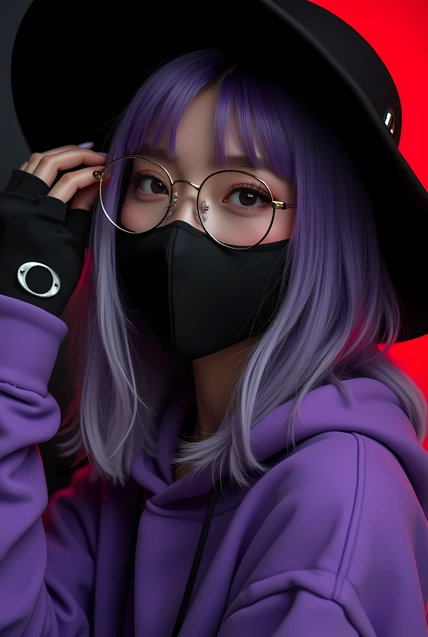 Personnel from the bokuno hito academia,
Girl with black hair with purple locks wears a loose black sweater and wears a mask she has one blue eye and one red eye she is in a park
