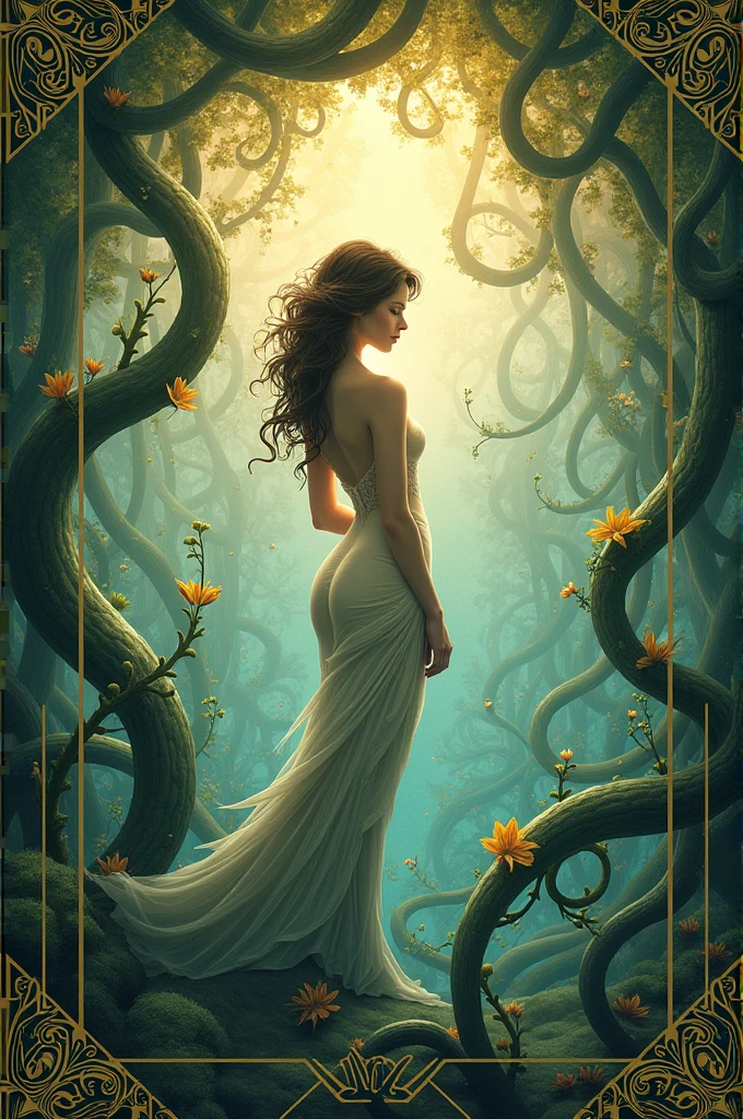 Woman (Sofia Vergara, age 25, nude) showering(cleaning herself using bubbly soap) under cascading metal vines that give way to a lush, tropical garden in a steampunk conservatory. (Several (filth eating tentacle like vines) caress and search every crevice of her body as they search for food and help Kate get squeaky clean.) Show full body. (show all of her, show her head to toe, full body shown)