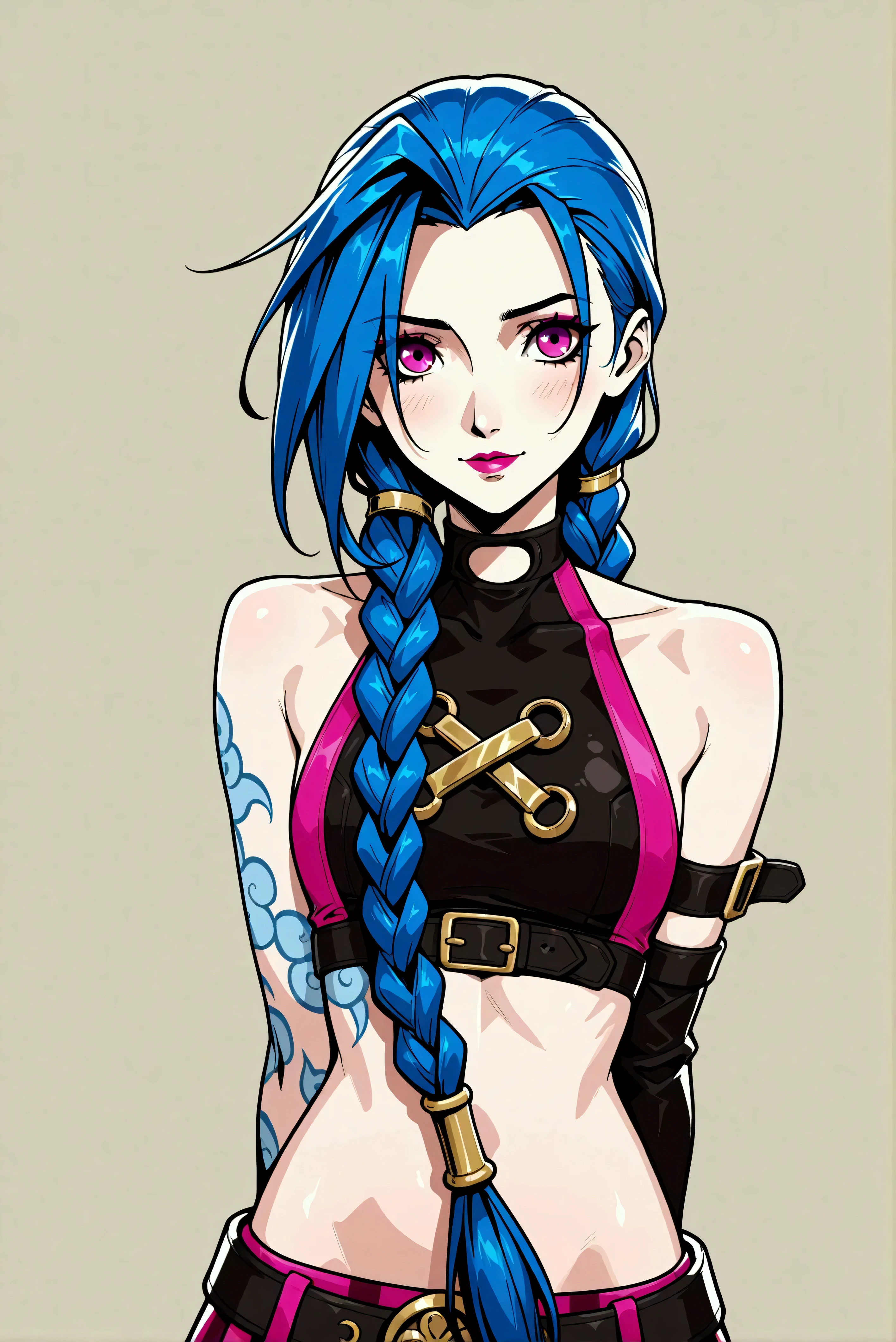 Créer une description créative et ludique d'un personnage inspiré du concept de « Nude Jinx » de noel, une représentation sexy et séduisante tout en mettant l'accent sur ses traits de personnalité, son style et la façon dont elle interagit avec le monde qui l'entoure. . Mettez l'accent sur sa nature ludique, son énergie vibrante et son sens unique de la mode d'une manière légère et artistique. Create a design or concept inspired by the character Jinx from the game *League of Legends* with a holiday twist, incorporating elements that reflect both her chaotic persona and the festive spirit of Christmas. Use bright colors, playful motifs, and unexpected contrasts to capture her mischievous nature while celebrating the joy of the holiday season. Consider elements such as decorations, outfits, and interactions with traditional holiday symbols. Aim for a fun and whimsical design that balances Jinx's wild energy with the warmth of festive cheer.