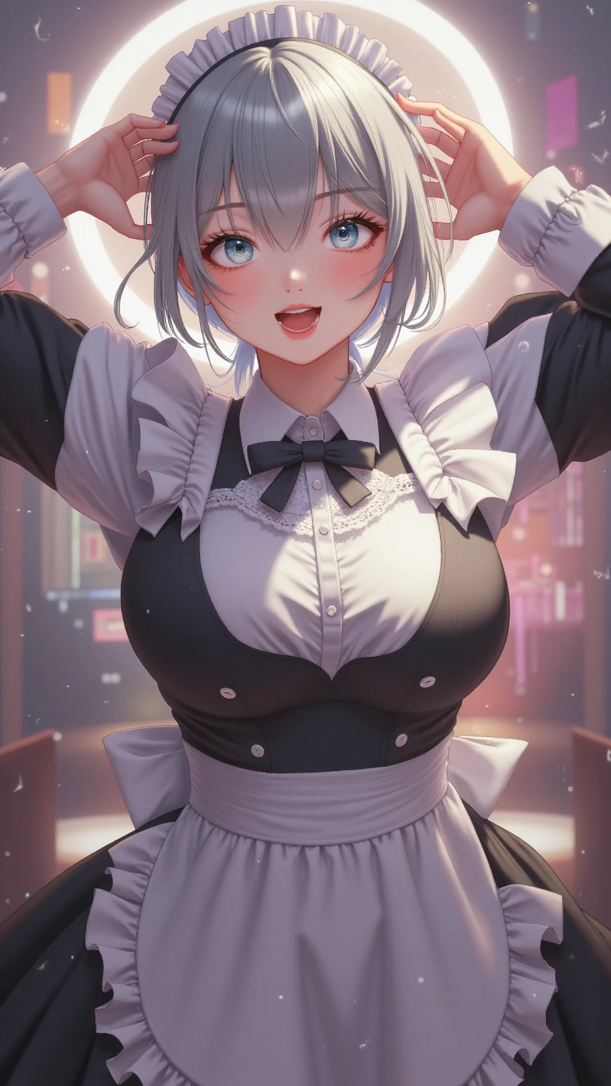 Ultra-high resolution, 8k,high quality,(((low length,、Young Girl、Maid clothes、Cute hairstyle、Ultra Mini Skirt,Panty shot,nsfw))),(Retrospective angle,Cunning Hand),(、glowing、iridescent light,soft shadow,Anime Painting,thin line drawing),One Little Woman,(((Big Tits、Beautiful breasts))),