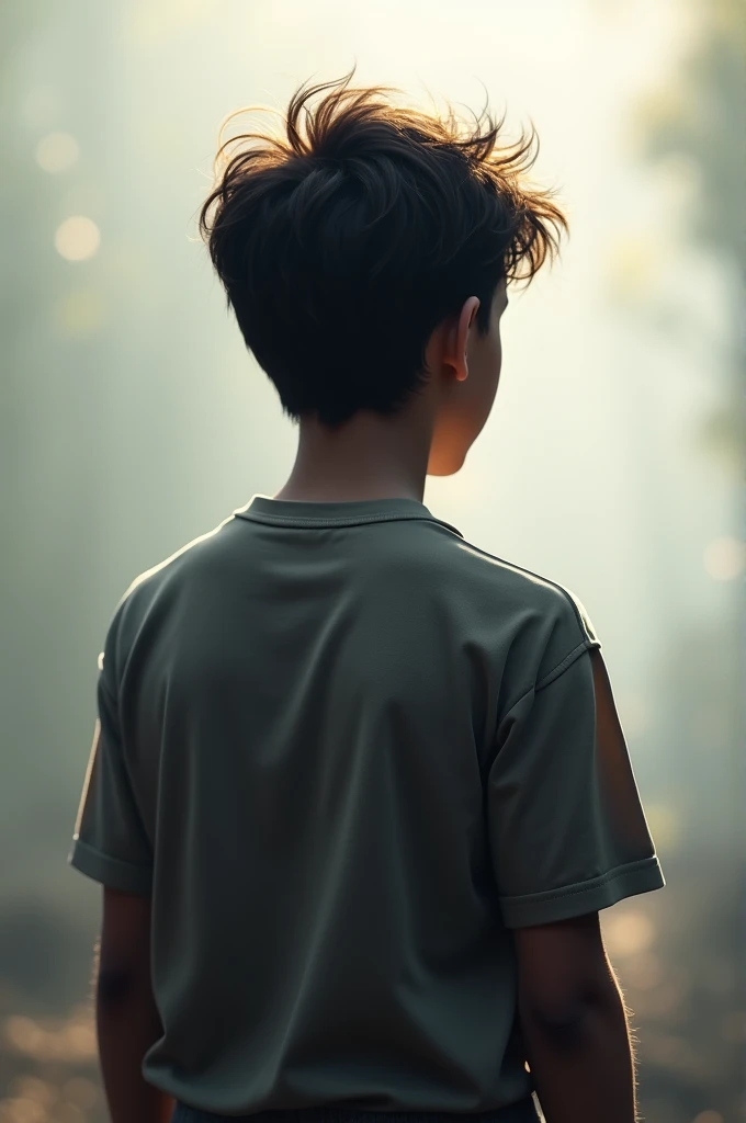 Create me a boy in black tshirt and blue jeans, who turns his back to the camera and looks slightly upwards
