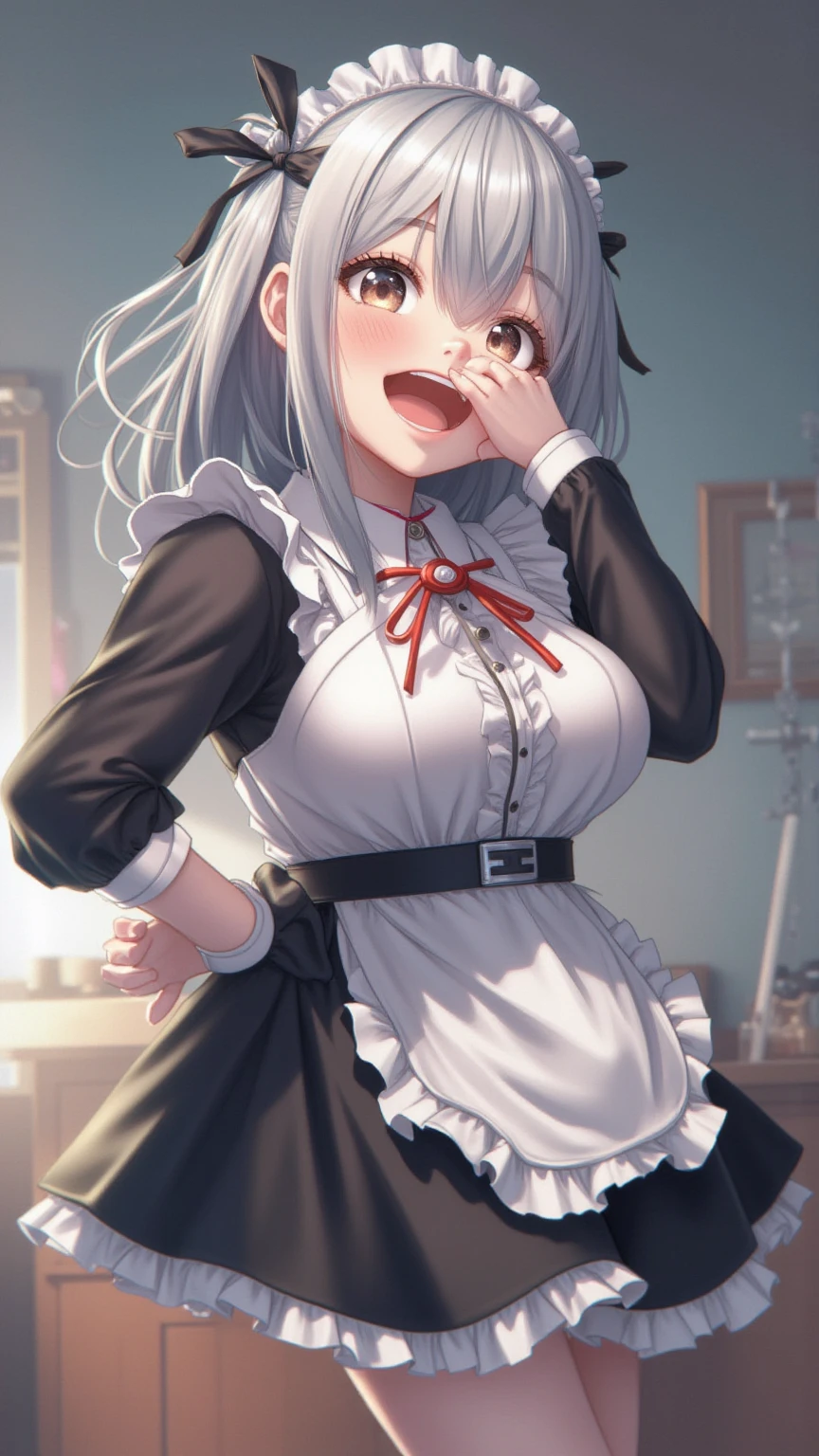 Best Quality, ultra-detailliert, very detailed illustration, silber hair, Aimei, embarrassed from,breastsout,((Suspender Skirt)),red blush,Black tie,Be undress,suspenders、skirt by the、Casual clothing