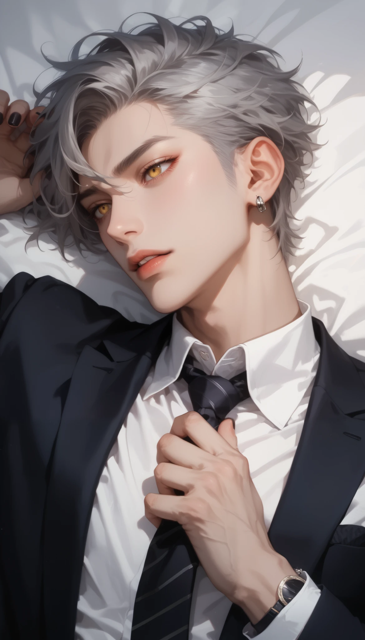 (score_9, score_8_up), score_7_up, shirt, grey hair, 1boy, yellow eye , jewelry, jacket, white shirt, upper body, male focus, earrings, lying, parted lips, necktie,focus, collared shirt, on back, nail polish, black jacket, suit, black nails, black necktie, out of frame, realistic, adjusting necktie