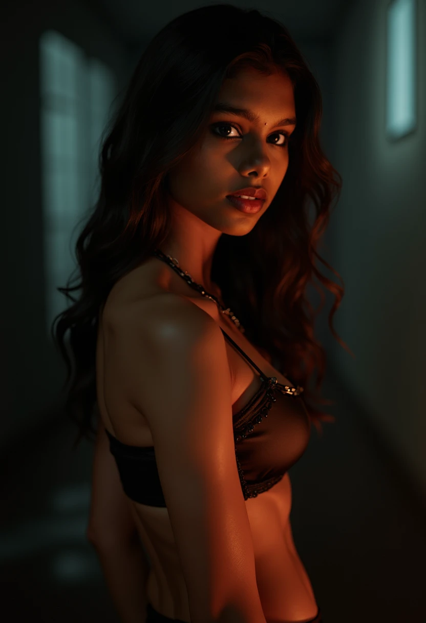 foto premiada de corpo inteiro de uma mulher jovem, pele negra, olhos negros, bokeh, retroiluminado, (cor marrom em detalhes: 1.1), BREAK atmosfera elegante, realista, detalhes intrincados, tom de pele verdadeiro, tema claro, fundo claro