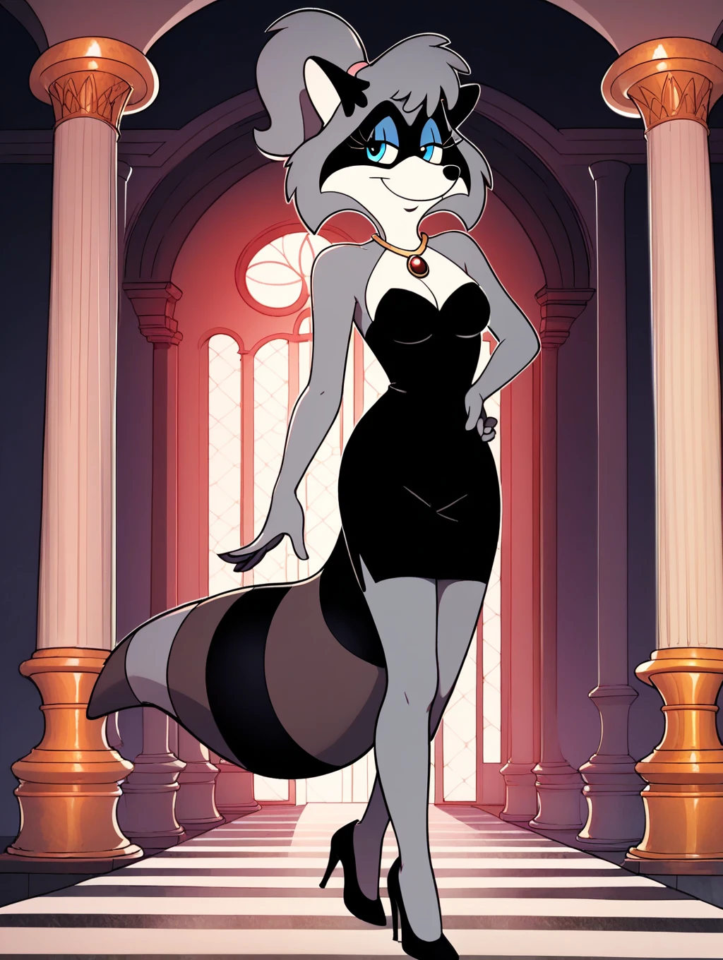 Comic, top quality, best quality, by rzminjourney, by vector-art, High-quality illustrations, masterpiece)(kemono, furry anthro), logo mark, round, female, abyssal wolf, slim body, fur, fluffy, big breasts, wide hips, fluffy tail, clean eyes, lapiz sclera eyes, tattoo on left hand, evening dress, hands on belly,