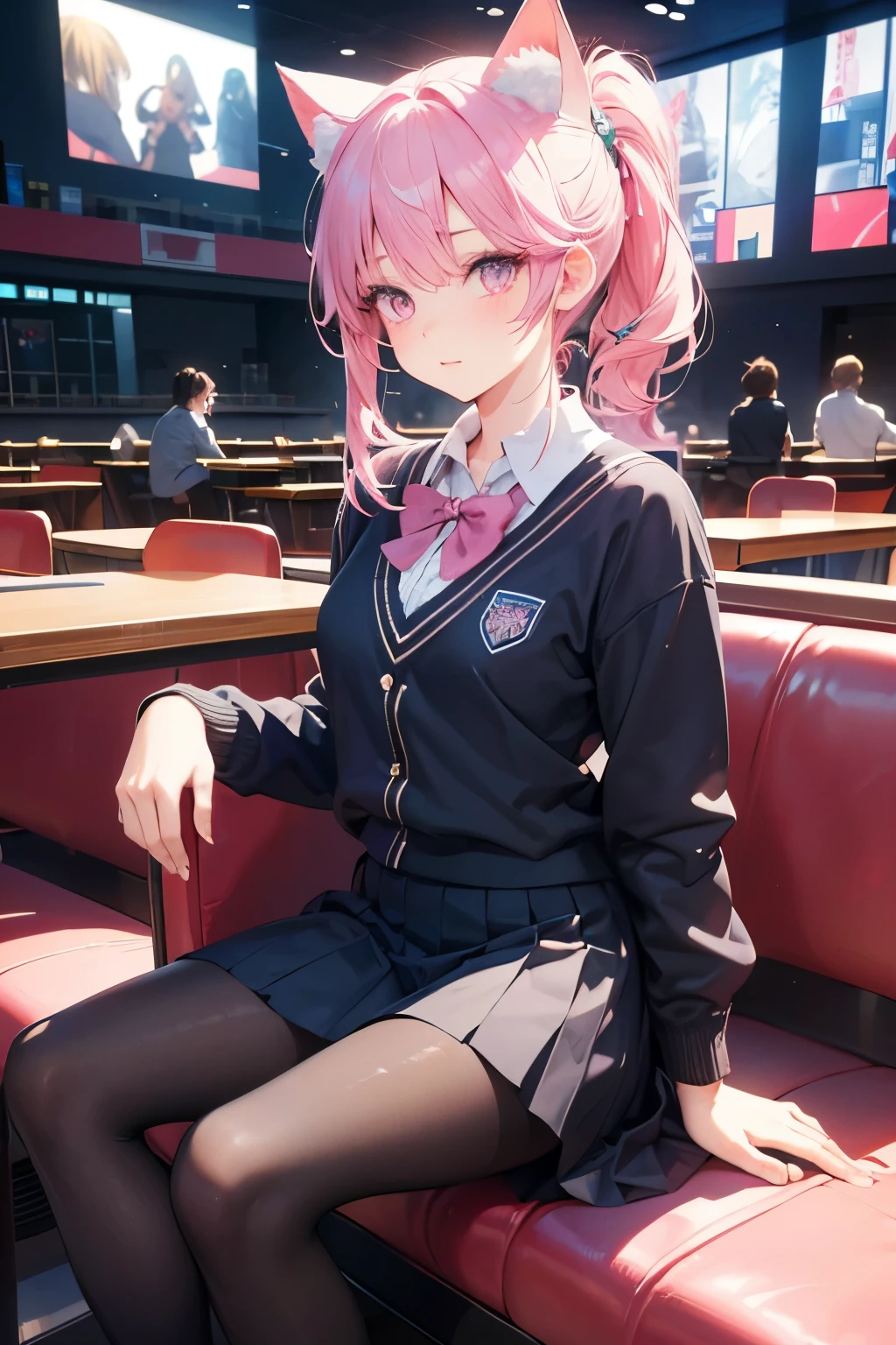(masterpiece), (highest quality), (detailed), (IMAX quality:1.3), 3d, Pantyhose, Cat ears,
Pink hair, Pink eyes, (School uniform),
sitting in cafe, a beautiful idol with a ponytail hairstyle that looks great on her, 
Open legs ,