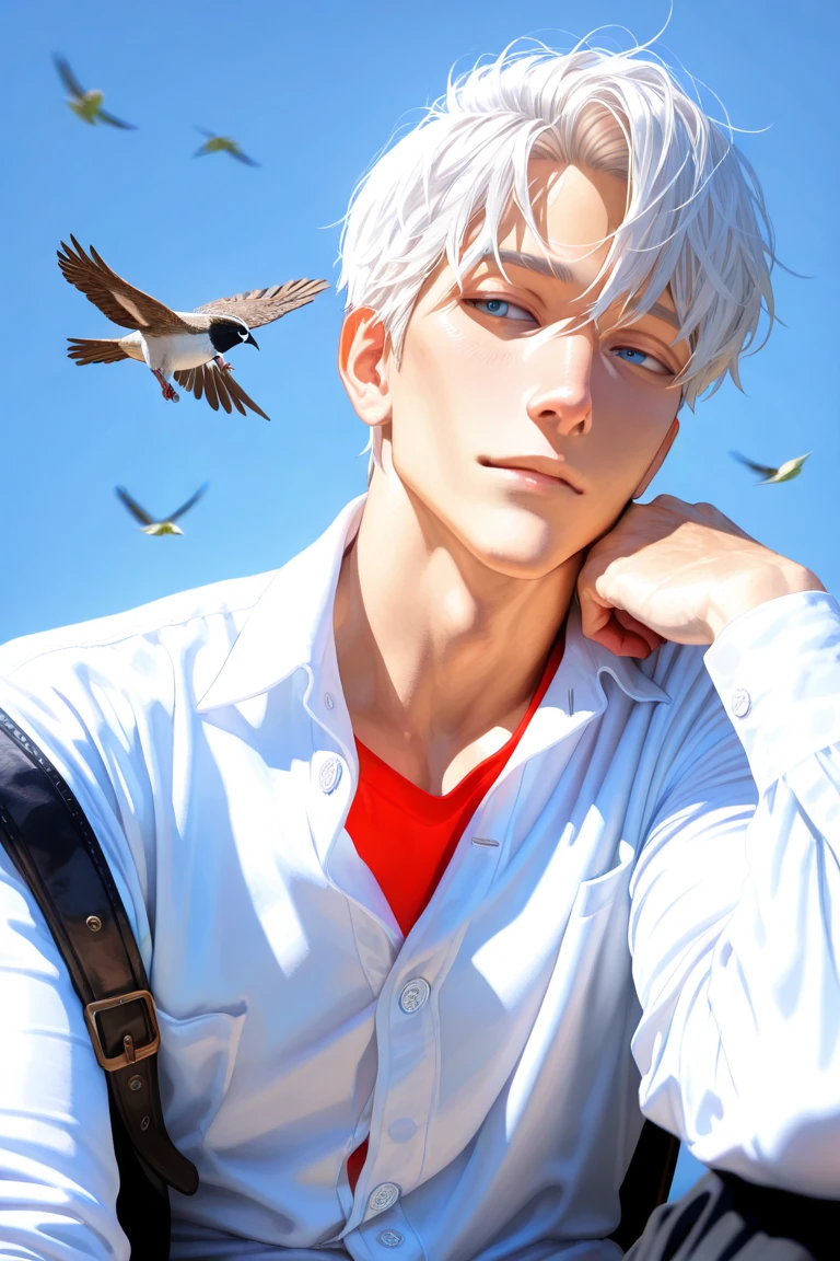 White-skinned boy，Dark blue church costume，White lining，In front of the glass stained window，white color hair，Blue eyes like the ocean，sun beam，White bird stopping at the table，Scriptures scattered on the ground