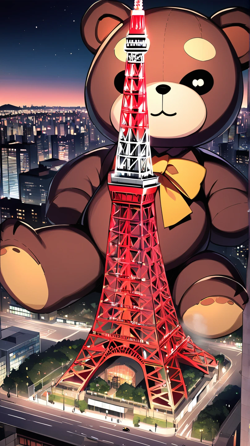 Plump giant bear hybrid, People are sitting on the road under Tokyo Tower, causing a nuisance.., Big Tokyo Tower background, Small model, The bear is bigger than Tokyo Tower., Fantasy art, 2.5D, delicate and dynamic, Cute rough pastel effect