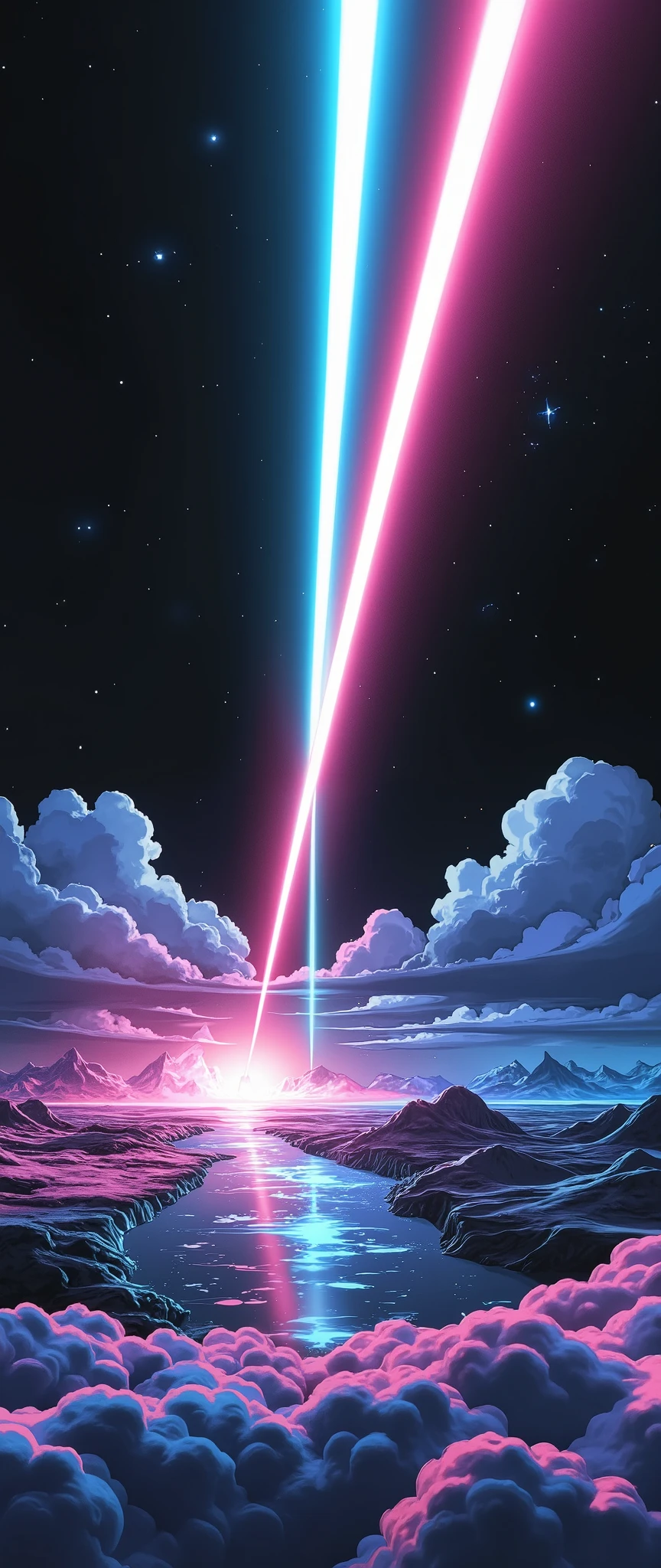 a powerful laser beam splitting the sky, seen from space, dramatic glowing stripes across the atmosphere, cinematic landscape, glowing energy beams, dramatic lighting, hyperrealistic, highly detailed, 8k, photorealistic, volumetric lighting, realistic shading, stunning colors, dramatic atmosphere, epic scale, awe-inspiring, masterpiece