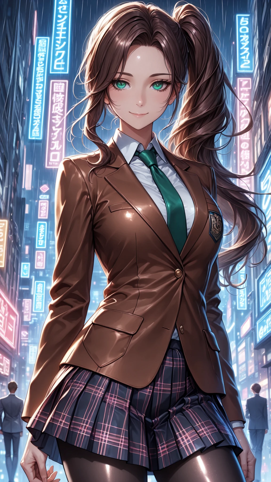 masterpiece, best quality, vibrant, very aesthetic, semirealistic, anime style, newest, shiny skin,slender, cinematic-lightning, cowboy shot, 1girl, medium skin, detailed eyes, green eyes, slightly smile, detailed semi-long hair, dark brown silky hair, forehead, sliced back hair, side ponytail, contrapposto, Captivating thighs, uniform, brown blazers, (hads in pocket, unbutton), Green tie, Plaid Pleated Skirt, black tights, rainy cyber city, at night