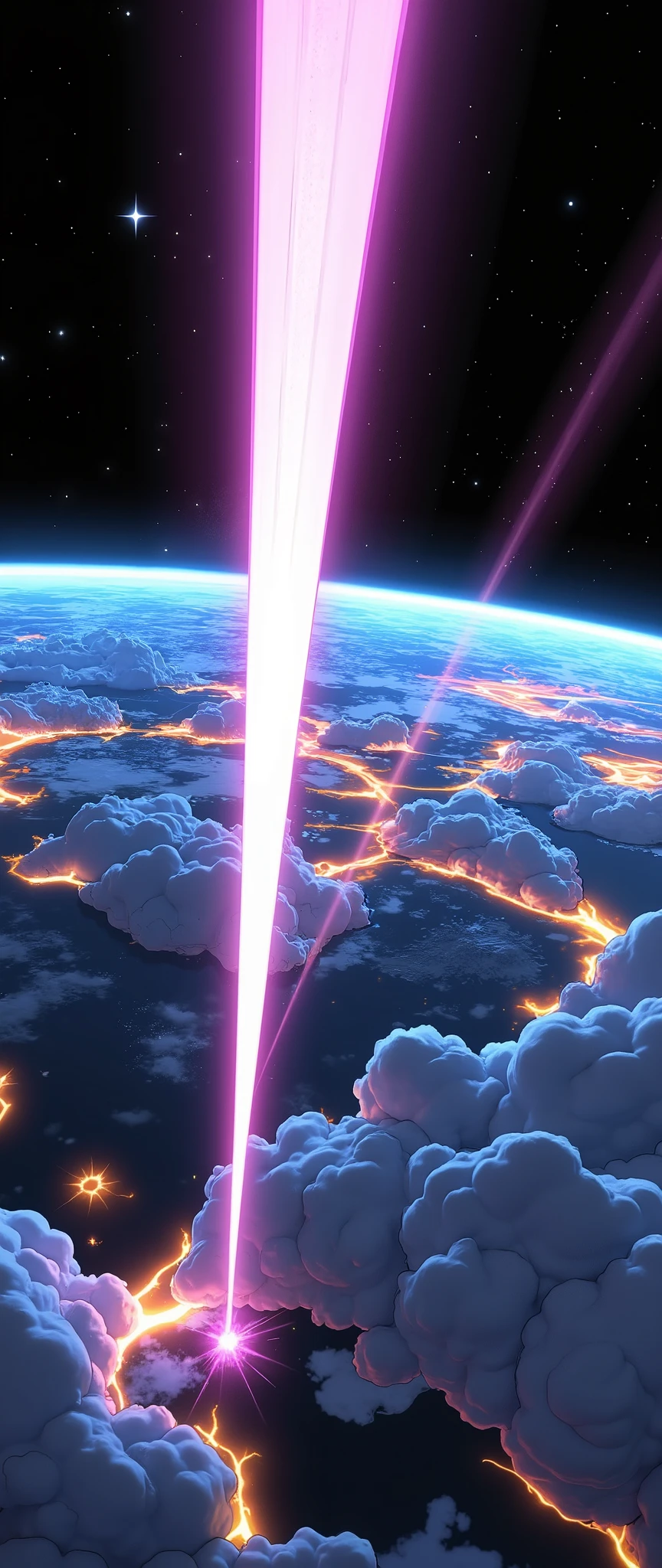 a powerful laser beam splitting the sky, seen from space, dramatic glowing stripes across the atmosphere, cinematic landscape, glowing energy beams, dramatic lighting, hyperrealistic, highly detailed, 8k, photorealistic, volumetric lighting, realistic shading, stunning colors, dramatic atmosphere, epic scale, awe-inspiring, masterpiece