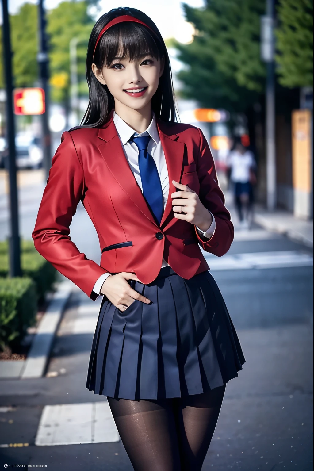 Original Pictures :1.2),( realistic:1.4), beautiful girl with great attention to detail , very detailed eyes and face, Beautiful Details Eyes ,Ridiculous,incredibly Ridiculous, very detailed, high resolution, very detailed, best quality ,Masterpiece, illustration, very detailed,CG,Unified,8k wallpaper, wonderful, details,Masterpiece, best quality , perfect lighting, 1 girl, long hair, blunt bangs , Red Eyes, ((( pantyhose, white cutter shirt , pleated skirt))), dynamic pose, ((( wicked smile ))), (((school plain clothes , red blazer、 blue tie)))