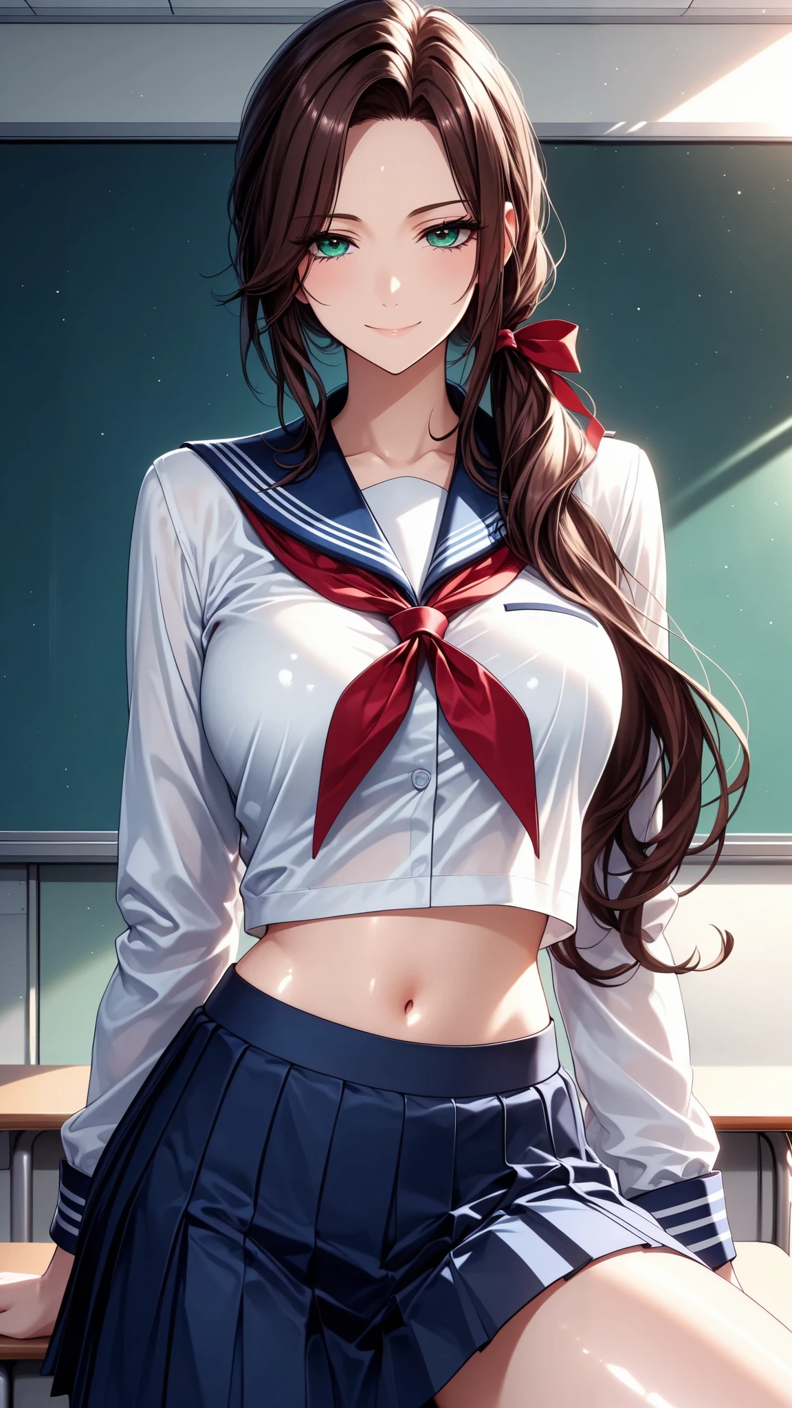 masterpiece, best quality, vibrant, very aesthetic, high contrast, semirealistic, anime style, newest, cinematic-lightning, Enhance colors to maximum saturation, shiny skin, slender, 1woman, detailed face, detailed eyes, green eyes, slightly smile, semi-long hair, dark brown silky hair, forehead, sliced back hair, side ponytail, contrapposto, navel, Captivating thighs, knee, classroom, (sheer crop top white shirt), sailor suit,blue pleated skirt, red ribbon tie