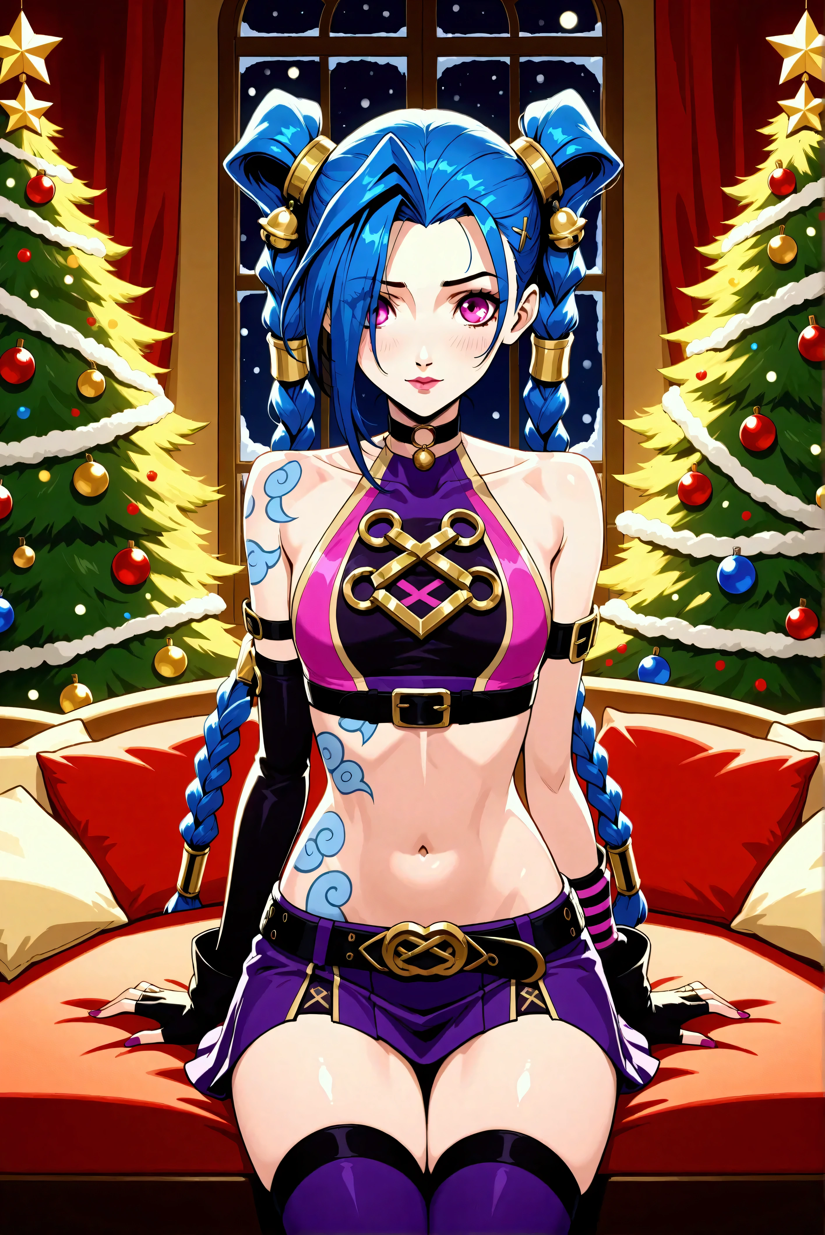 Créer une description créative et ludique d'un personnage inspiré du concept de « Nude Jinx » de noel, une représentation sexy et séduisante tout en mettant l'accent sur ses traits de personnalité, son style et la façon dont elle interagit avec le monde qui l'entoure. . Mettez l'accent sur sa nature ludique, son énergie vibrante et son sens unique de la mode d'une manière légère et artistique. Create a design or concept inspired by the character Jinx from the game *League of Legends* with a holiday twist, incorporating elements that reflect both her chaotic persona and the festive spirit of Christmas. Use bright colors, playful motifs, and unexpected contrasts to capture her mischievous nature while celebrating the joy of the holiday season. Consider elements such as decorations, outfits, and interactions with traditional holiday symbols. Aim for a fun and whimsical design that balances Jinx's wild energy with the warmth of festive cheer.